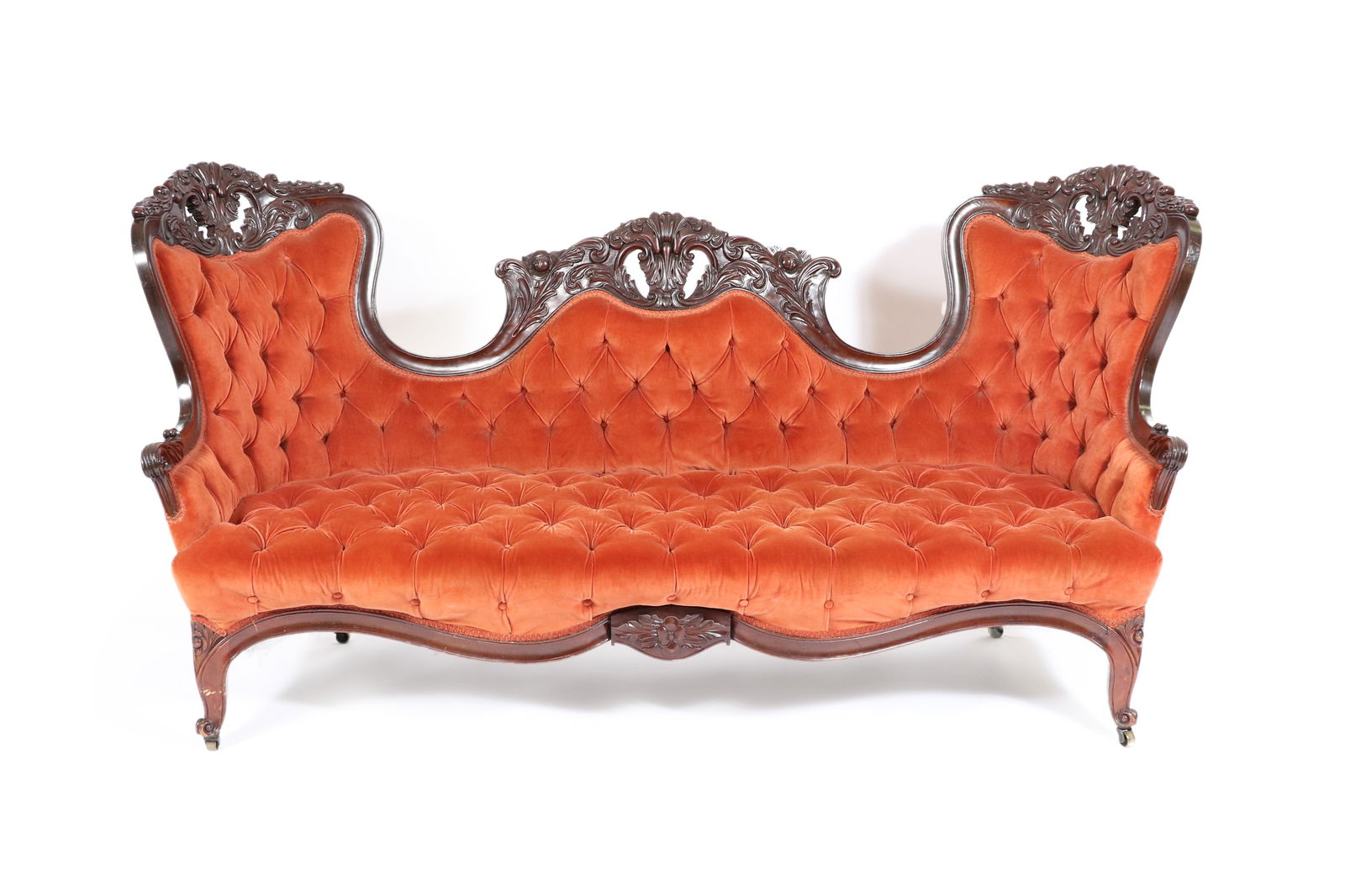 Victorian American Rococo Revival Belter style carved walnut parlor sofa /couch with rust orange (1 of 12)