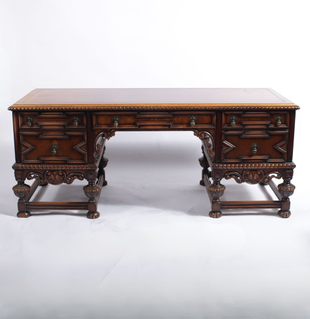 English Jacobean style partners library desk with drop pulls. 30"H x 72"W x 28 1/2"D (1 of 14)