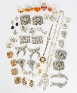 Vintage costume jewelry, watch, and accessory group including: Bulova, Belair 17 jewels,: Vintage costume jewelry, watch, and accessory group including: Bulova, Belair 17 jewels, Castlecliff, Lisner, Puccini, Musi, D'Orlan, Estee Lauder perfume, and more. 1 1/8" Diam. x 1/2"H (Belair)