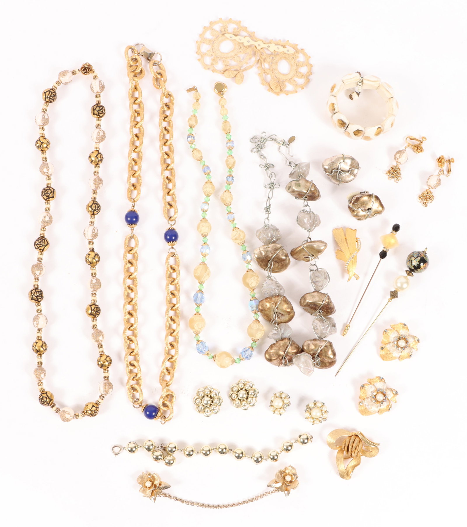 Vintage costume jewelry and accessory group including: Hobe necklace and matching earrings, Leru,: Vintage costume jewelry and accessory group including: Hobe necklace and matching earrings, Leru, Abra, JJ, Germany, hat pins, and more. 30"H x 1 1/2"W (Hobe necklace)