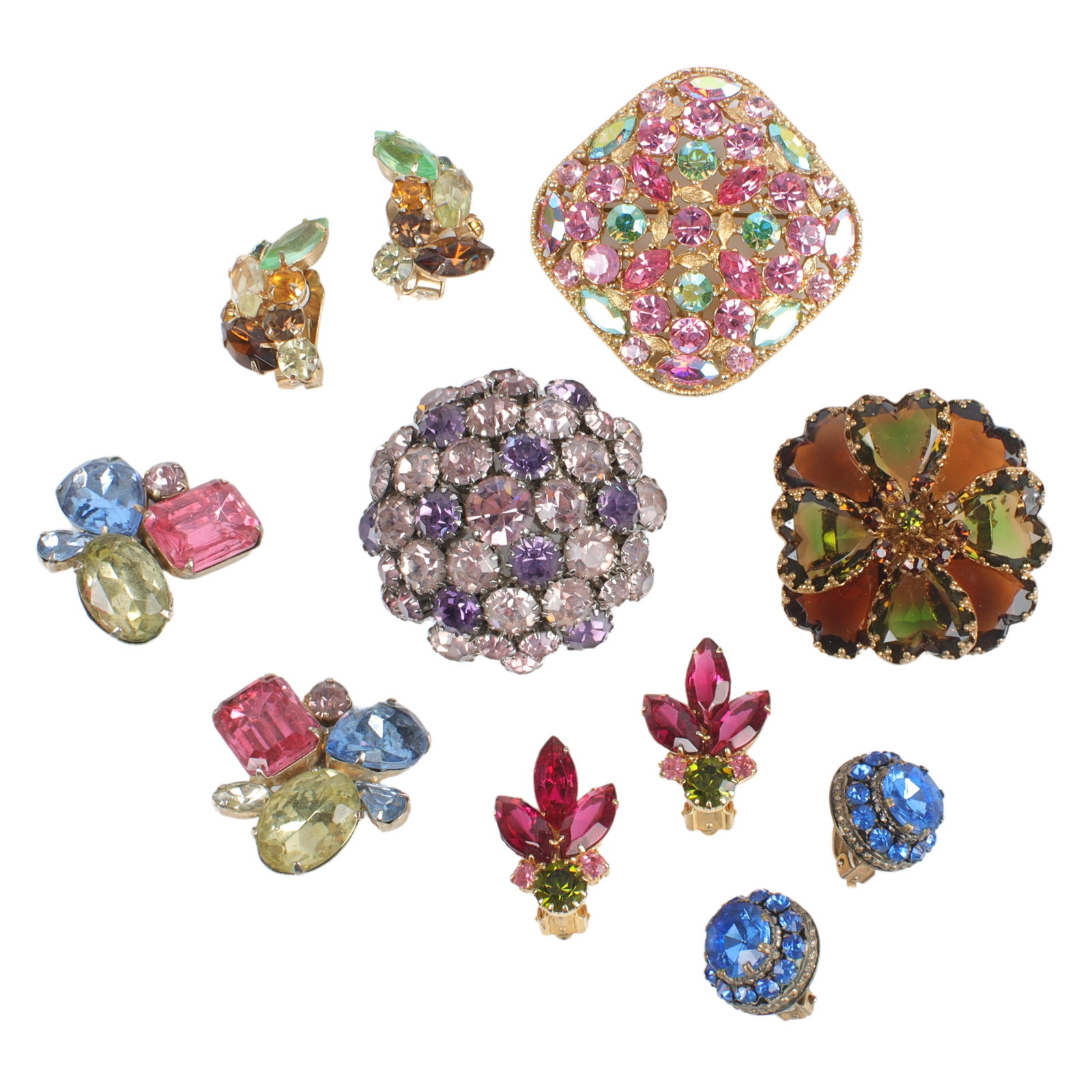 Costume jewelry 7pc Sparkle Group: Warner domed purple pin, Regency pink and green pin,: Costume jewelry 7pc Sparkle Group: Warner domed purple pin, Regency pink and green pin, 2 3/4"H x 2 1/2"W (largest brooch), 1 1/4"H x 1 1/2"W (largest earrings)