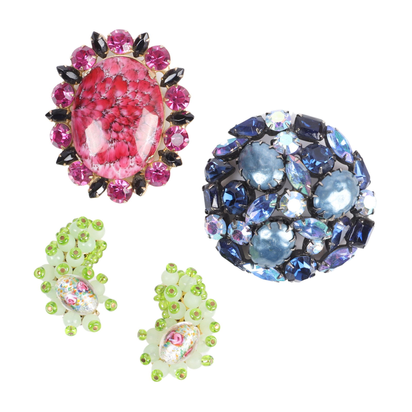 Three vintage costume jewelry art glass pins: Regency blue, cabochon and crystal, (1 of 5)