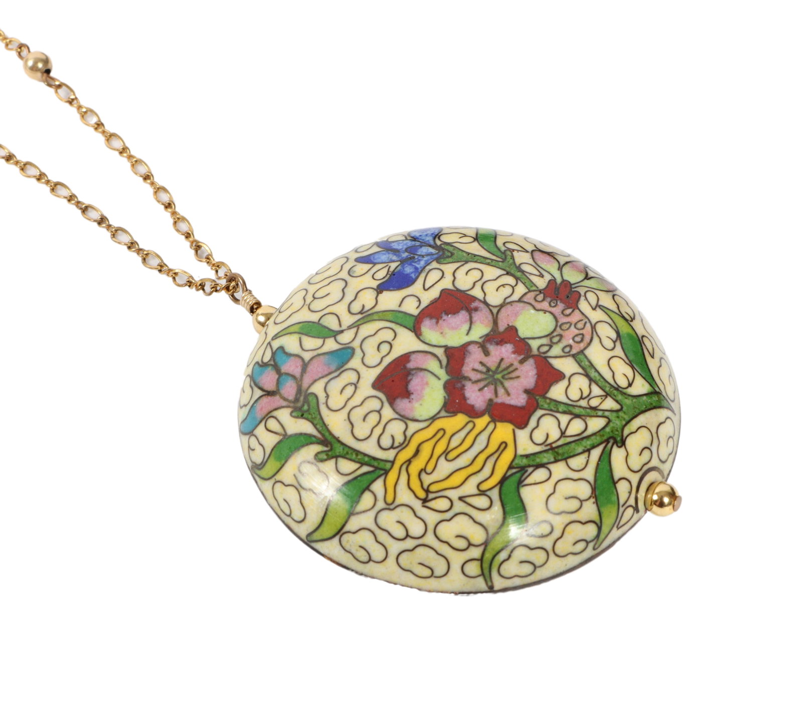 Les Bernard 1/20 12K gold plated cloisonné style enamel pendant necklace;: Les Bernard 1/20 12K gold plated cloisonné style enamel pendant necklace; 20"L x 2 1/2"W