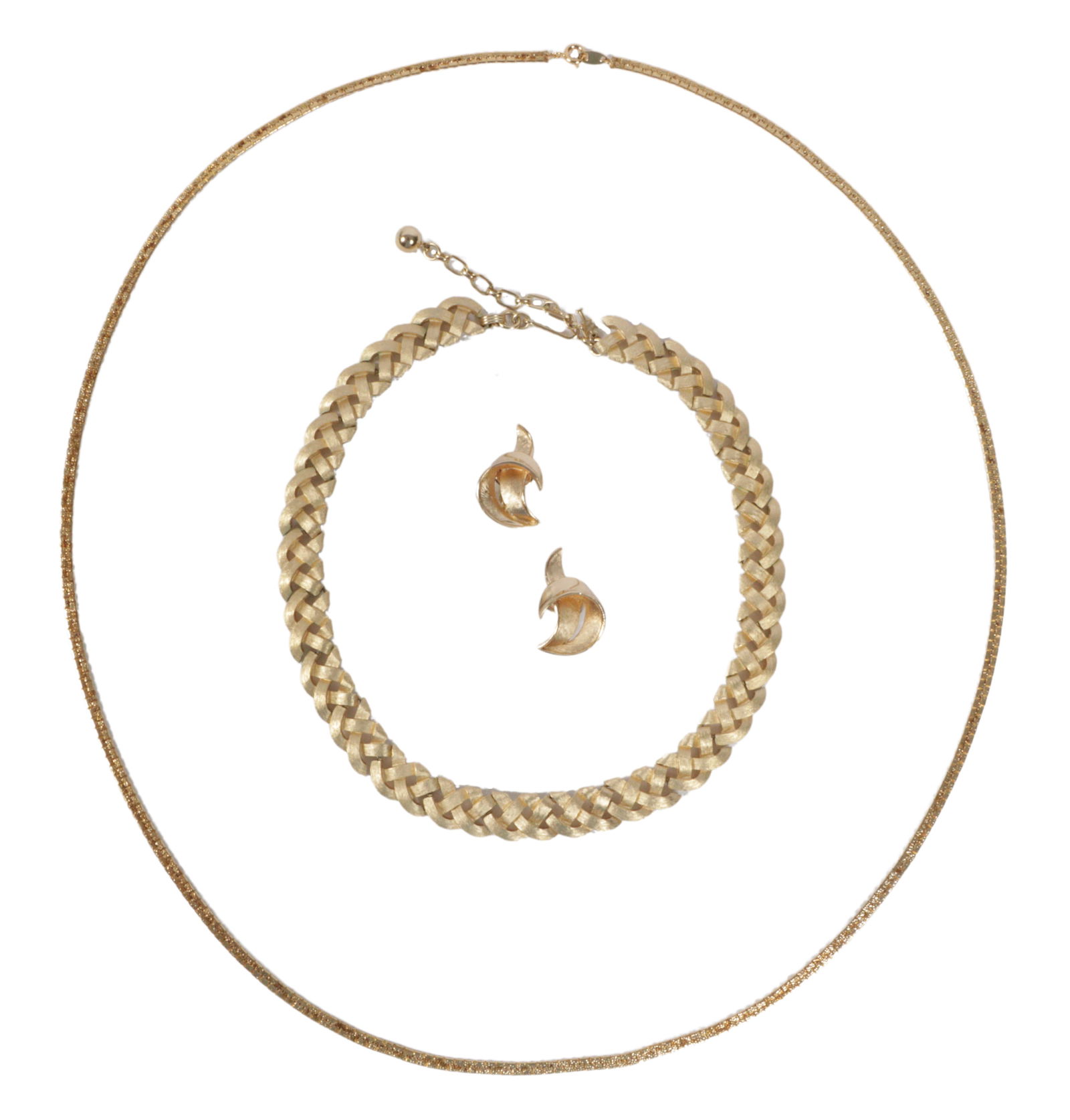 Trifari 3pc gold tone jewelry group; woven choker necklace, long chain, and modern clip earrings. (1 of 12)
