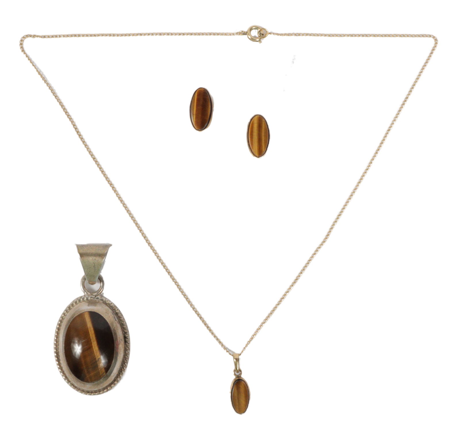 Tiger's eye jewelry 3pc group: 1/20 12K gold filled necklace and matching earrings signed "WRE", (1 of 10)