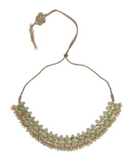 Indian Mughal wedding necklace with emerald cut faceted green crystal and diamante jewel and: Indian Mughal wedding necklace with emerald cut faceted green crystal and diamante jewel and dangling seed pearls 20"L x 1 1/4"W