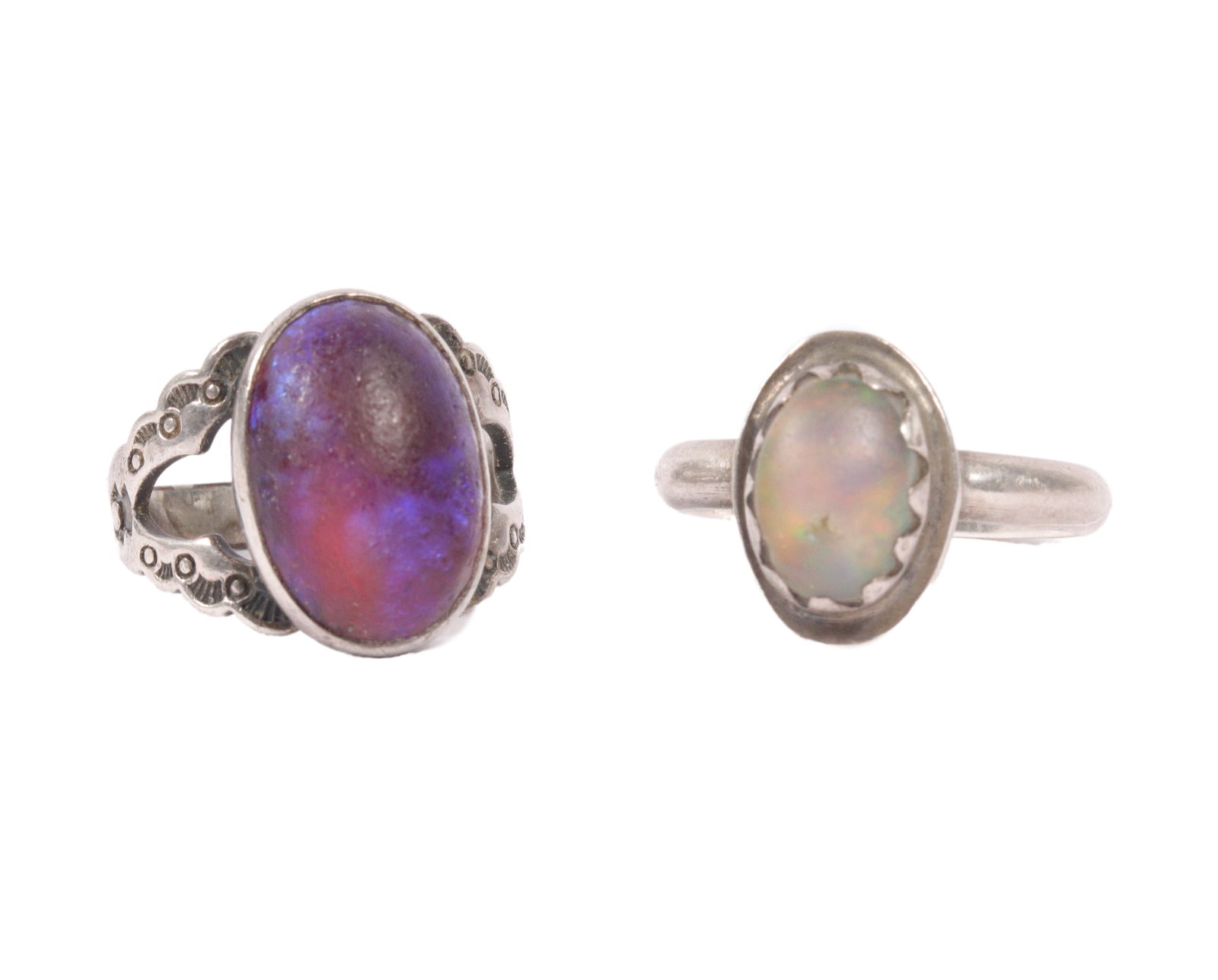 Pair of vintage Southwestern Native American sterling silver opal rings: fire opal, and faux opal? (1 of 14)