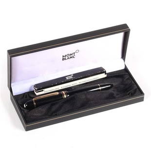 Mont Blanc Meisterstuck No. 149 fountain pen, with 18K 750 gold Nib No. 4810 and refill cartridge in: Mont Blanc Meisterstuck No. 149 fountain pen, with 18K 750 gold Nib No. 4810 and refill cartridge in box. 5 7/8"H x 12"Diam., 3"H x 7 3/4"W (box)