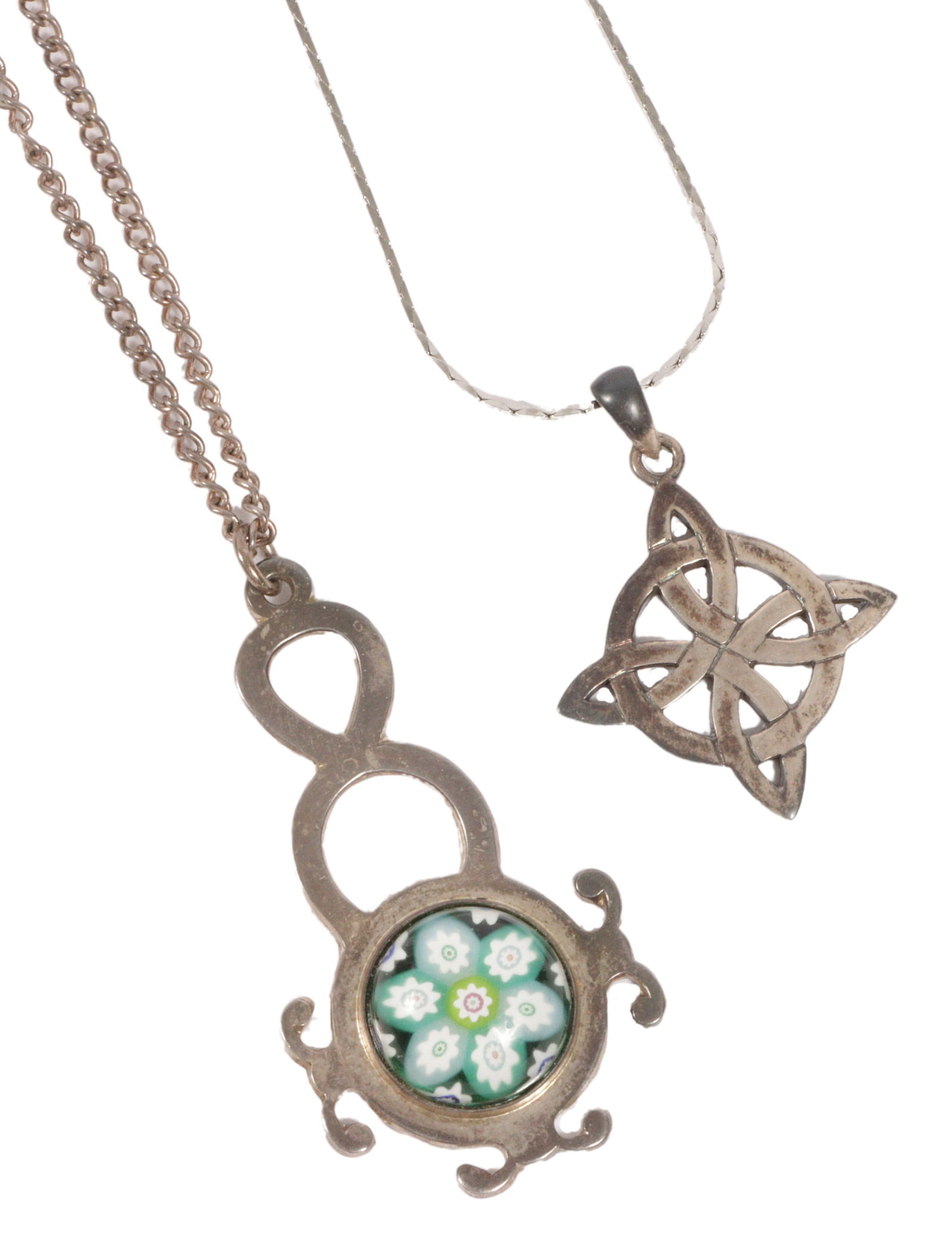 Pair of sterling silver Celtic design necklaces on silver tone chains. (1 of 7)