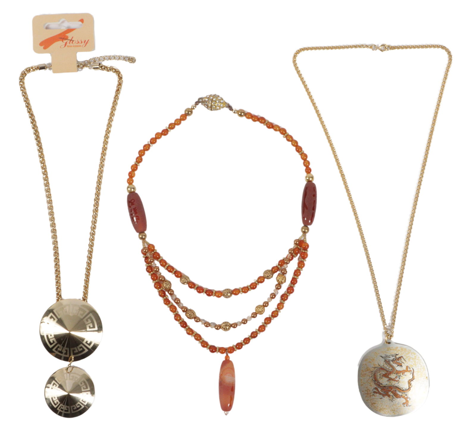 Asian inspired jewelry 3pc group: Reed & Barton "Damascene" dragon pendant in original box, handmade (1 of 10)