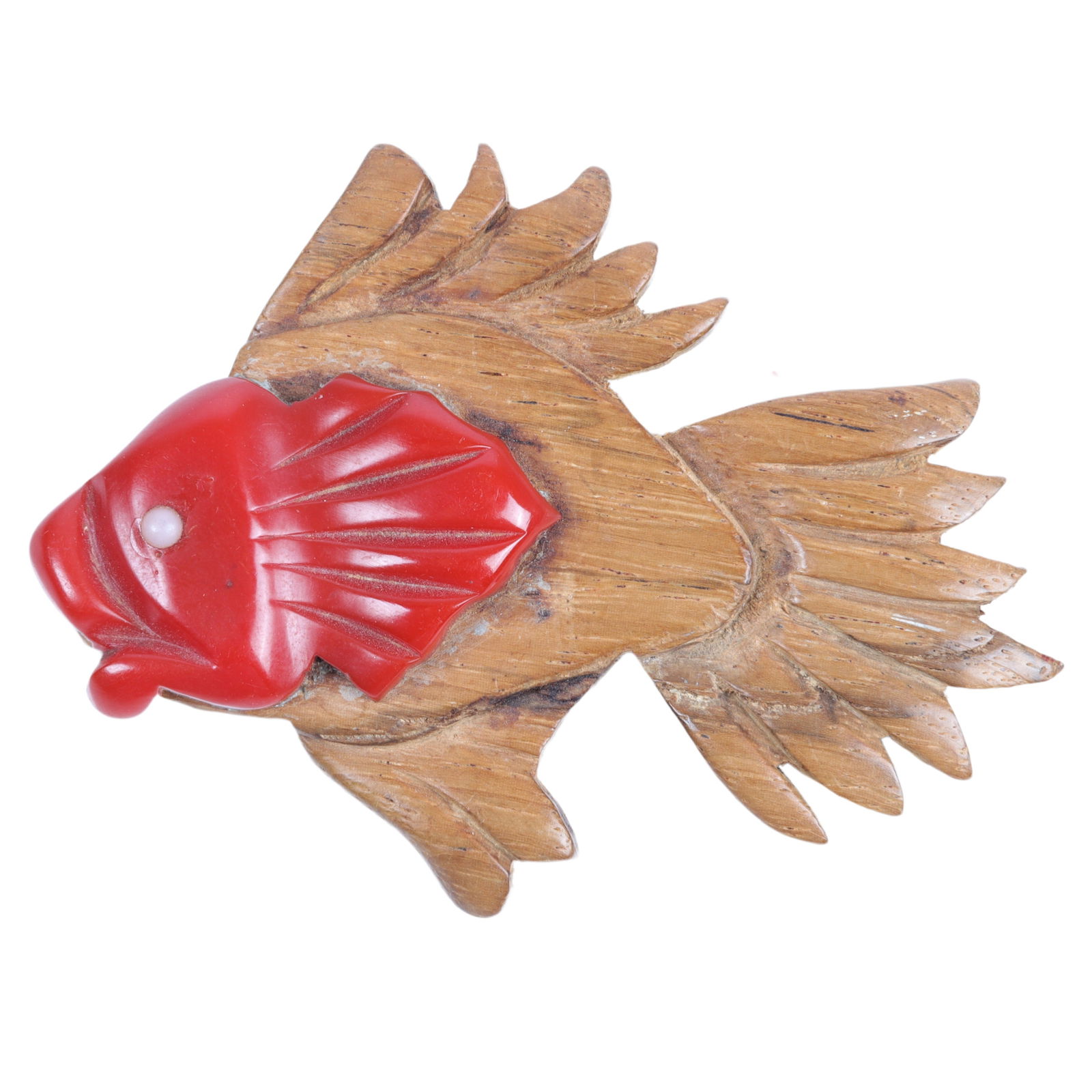 Wood and Bakelite laminated and carved fish body pin and clip.: Wood and Bakelite laminated and carved fish body pin and clip. 2 1/2"H x 3 1/4"W (fish)