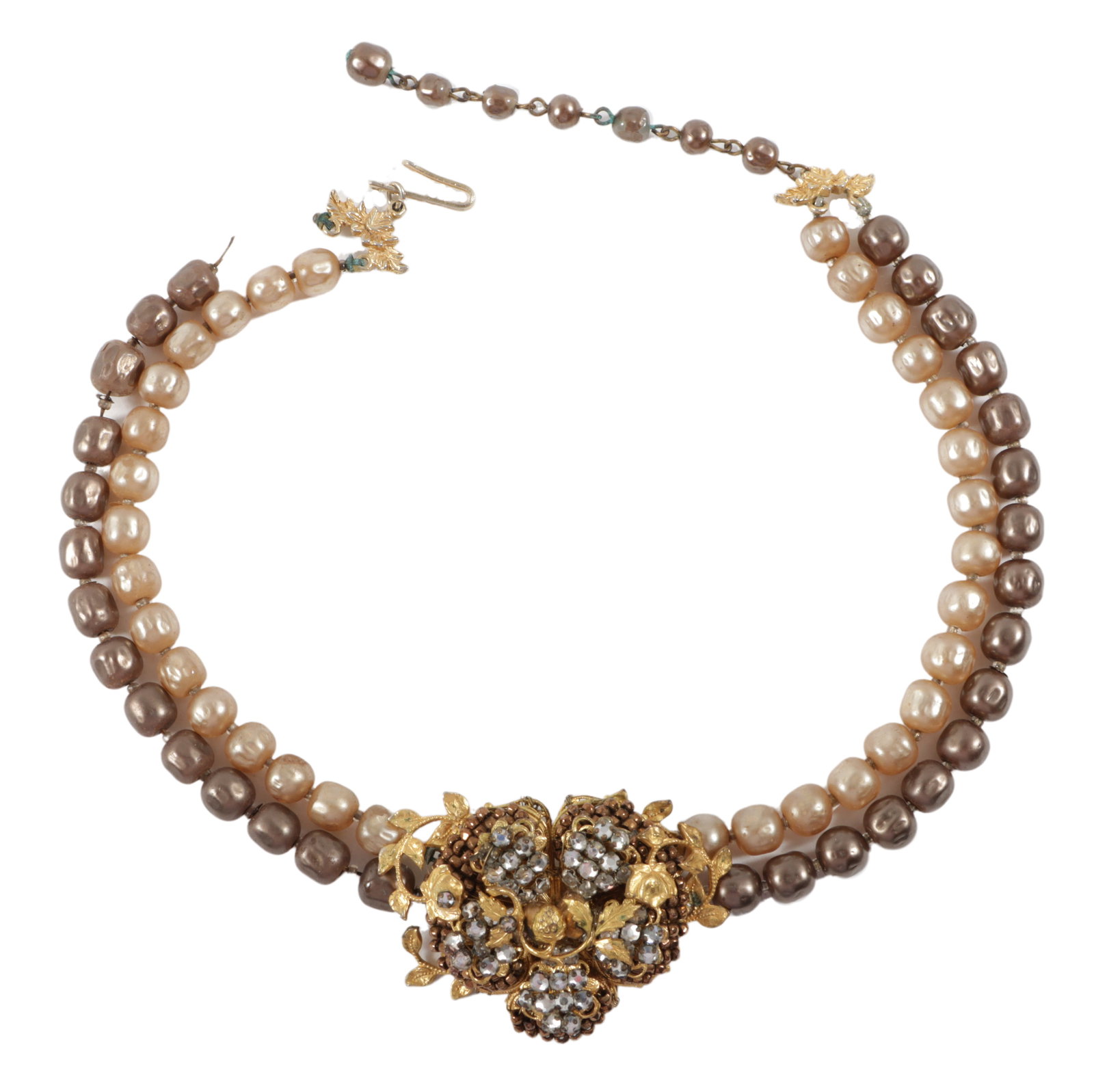 Miriam Haskell attributed double strand faux pearl necklace with rhinestone encrusted gilt brass (1 of 5)