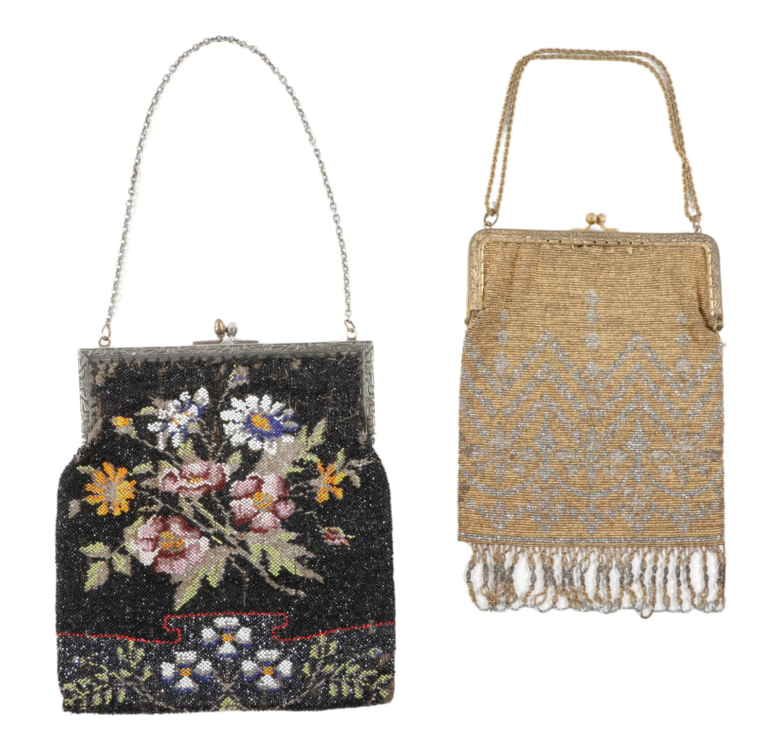 Antique Victorian / Art Deco micro glass and metallic beaded purses 2pc group; floral and gold and (1 of 14)