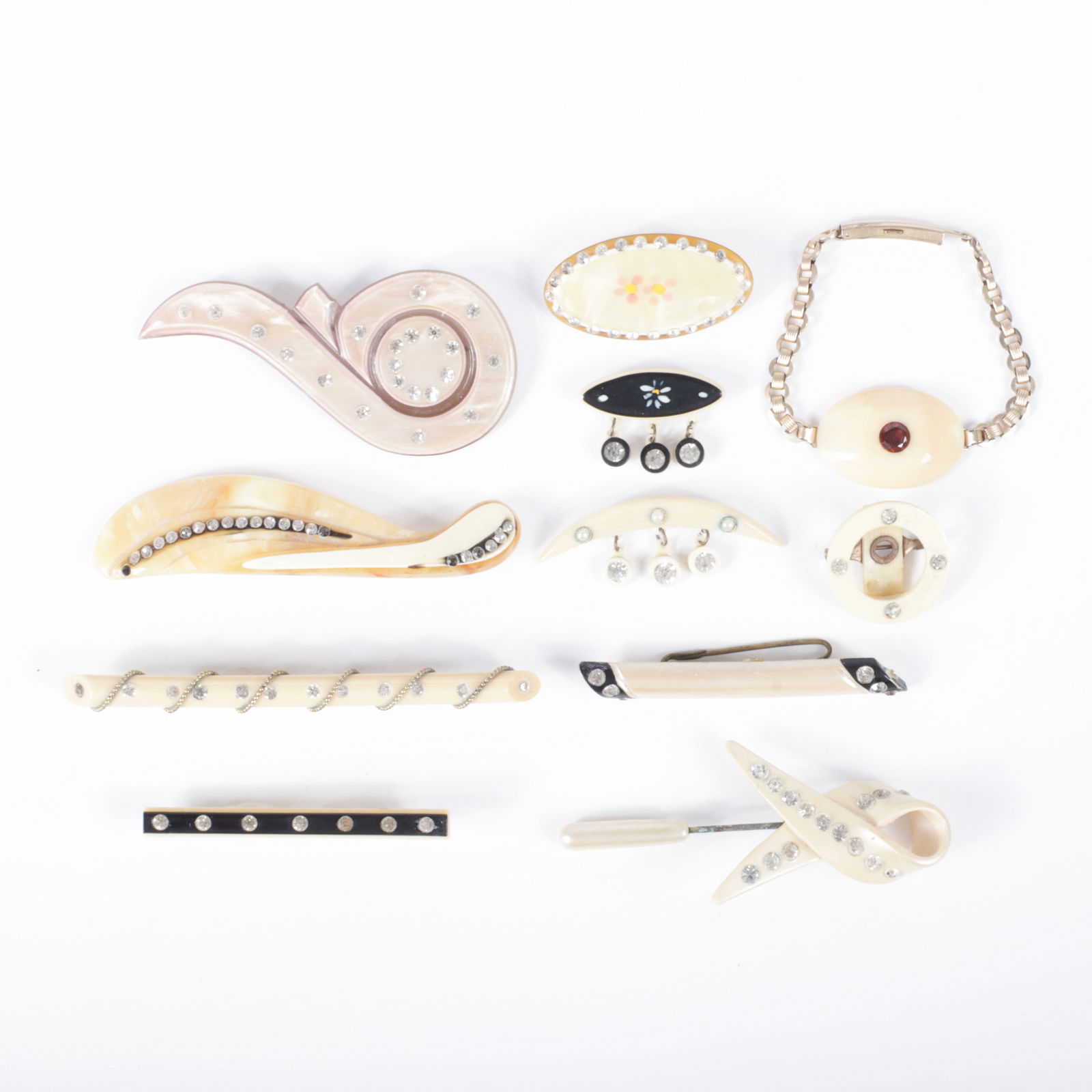 Antique celluloid / French Art Deco jewelry 11pc. pin brooch and bracelet group: Bradfield gold (1 of 10)