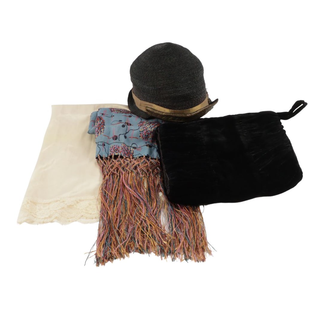 Lot of 4 vintage fashion accessories: 1920s straw cloche hat, floral silk scarf with tassels, (1 of 14)