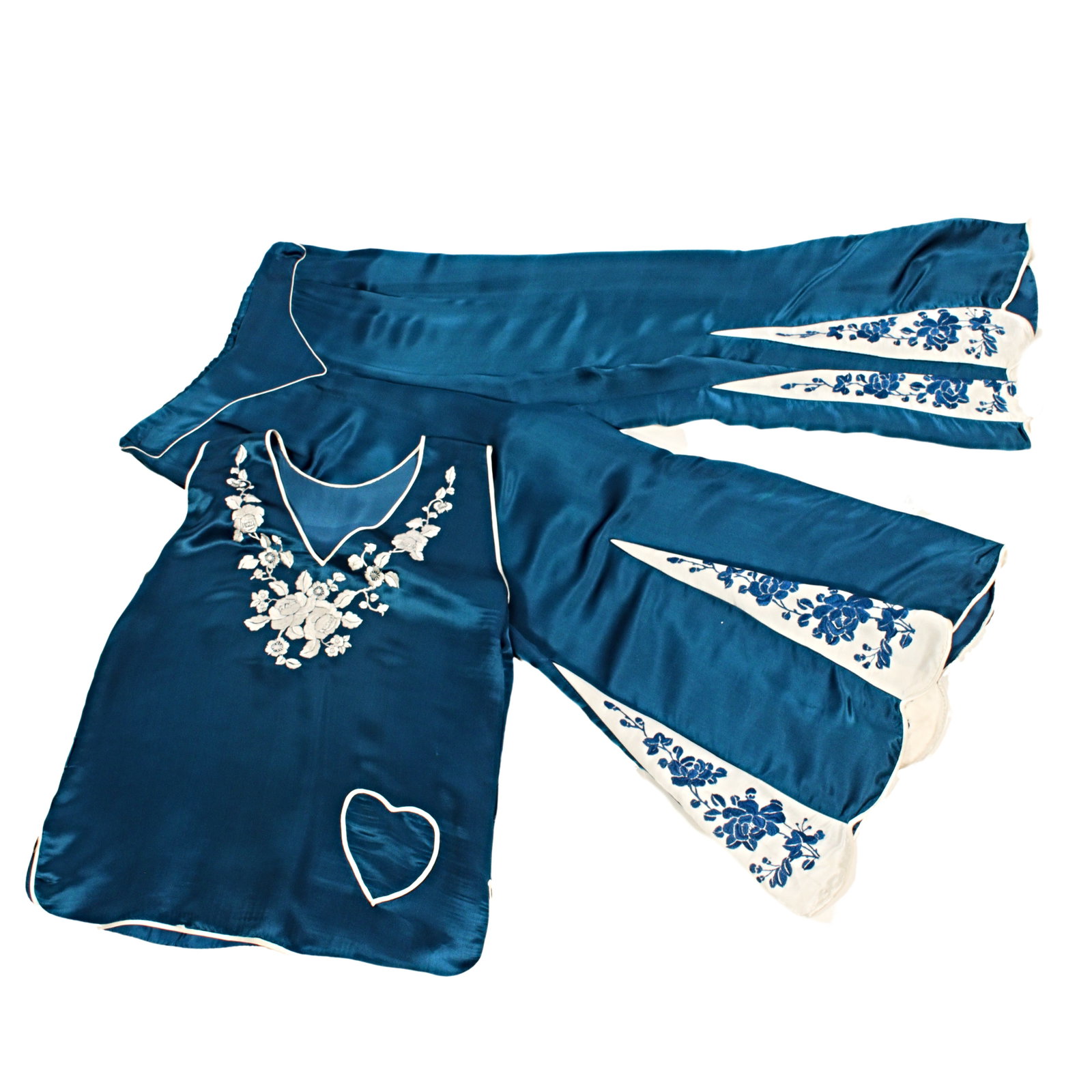 Blue satin floral embroidered pajama set with palazzo pants and heart shaped pocket (1 of 20)