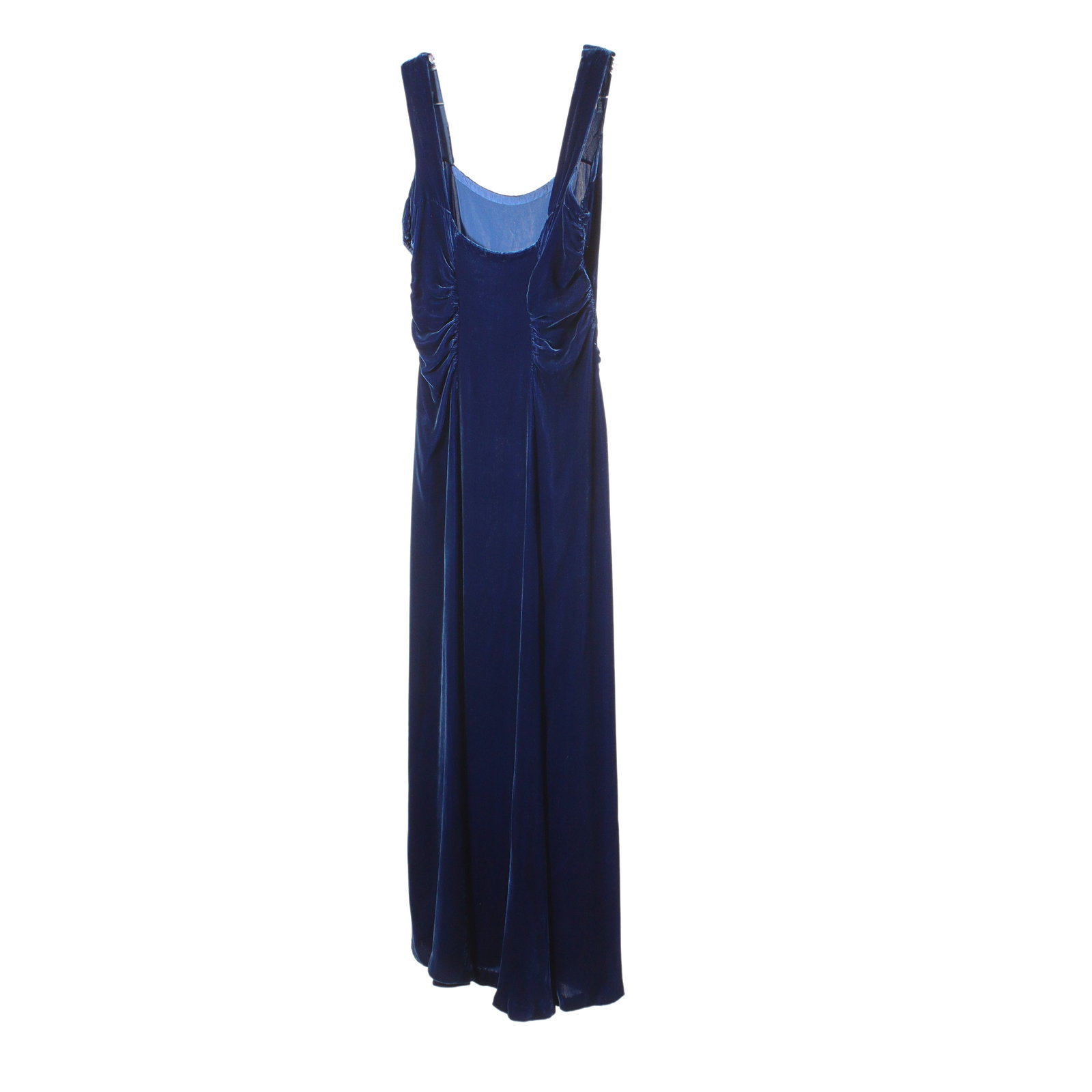 Hollywood Regency midnight blue velvet evening gown with scoop neck and ruching detail, 1930s (1 of 10)