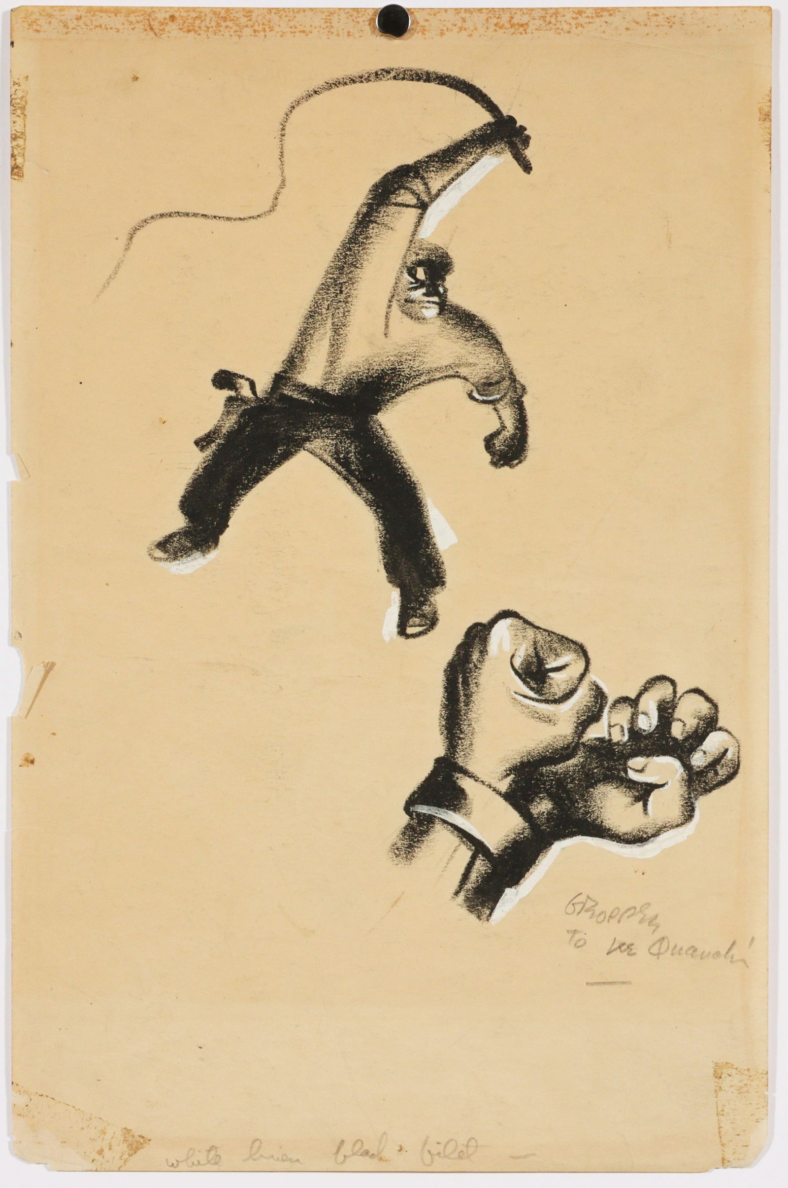 man with bullwhip and cuffed fists: William Gropper, New York (1897-1977), man with bullwhip and cuffed fists, mixed media on paper, 13"H x 8 1/2"W