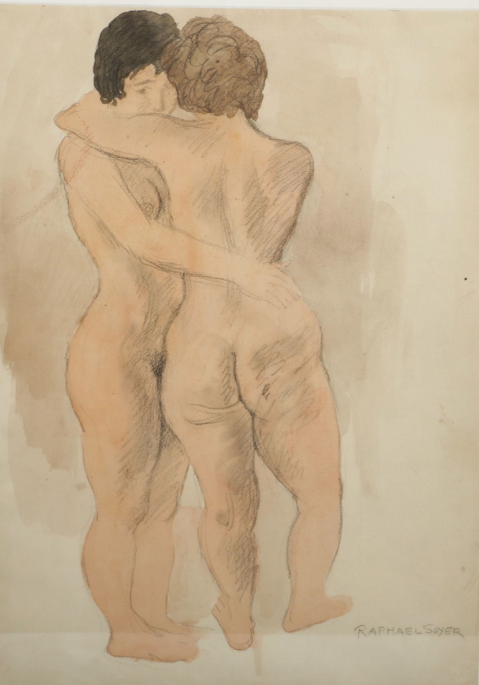 female nude: Raphael Soyer, New York / Russia (1899-1987), female nude, graphite and watercolor on paper, 19 1/2"H x 13 1/2"W (sight), 24 1/2"H x 18 3/4"W (frame)