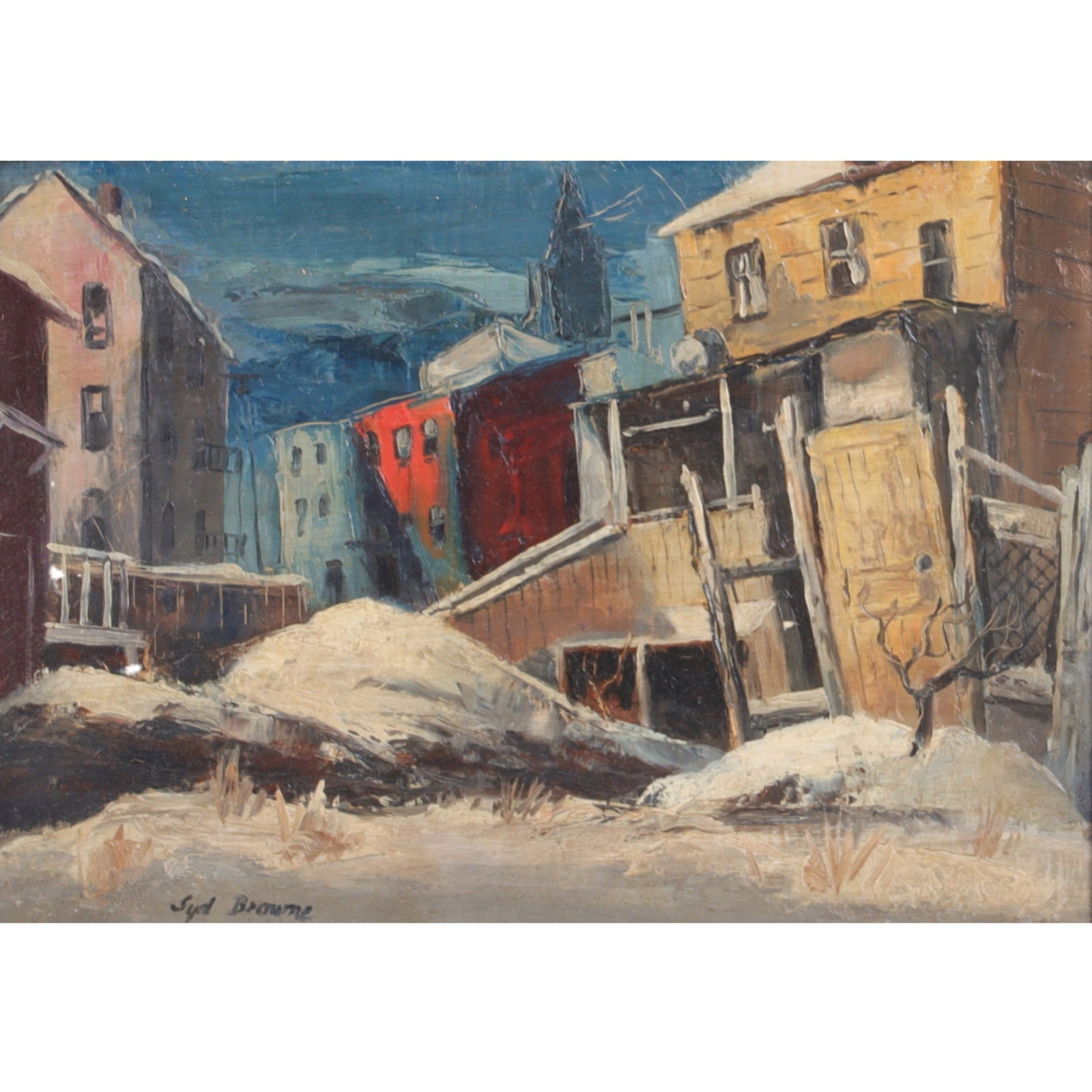 Tenement, winter city scene: Syd J. Browne, New York (1907 - 1991), Tenement, winter city scene, oil on masonite board, 9 5/8"H x 13 5/8"W (sight), 15 1/8"H x 19 1/4"W (frame)