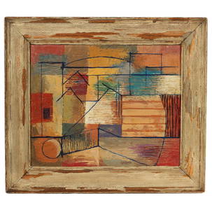 View, abstract: Ellwood Graham, California, Oregon (1911 - 2007), View, abstract, oil on masonite, 12 3/4"H x 15 3/4"W (sight), 18 3/8"H x 21"W (frame)