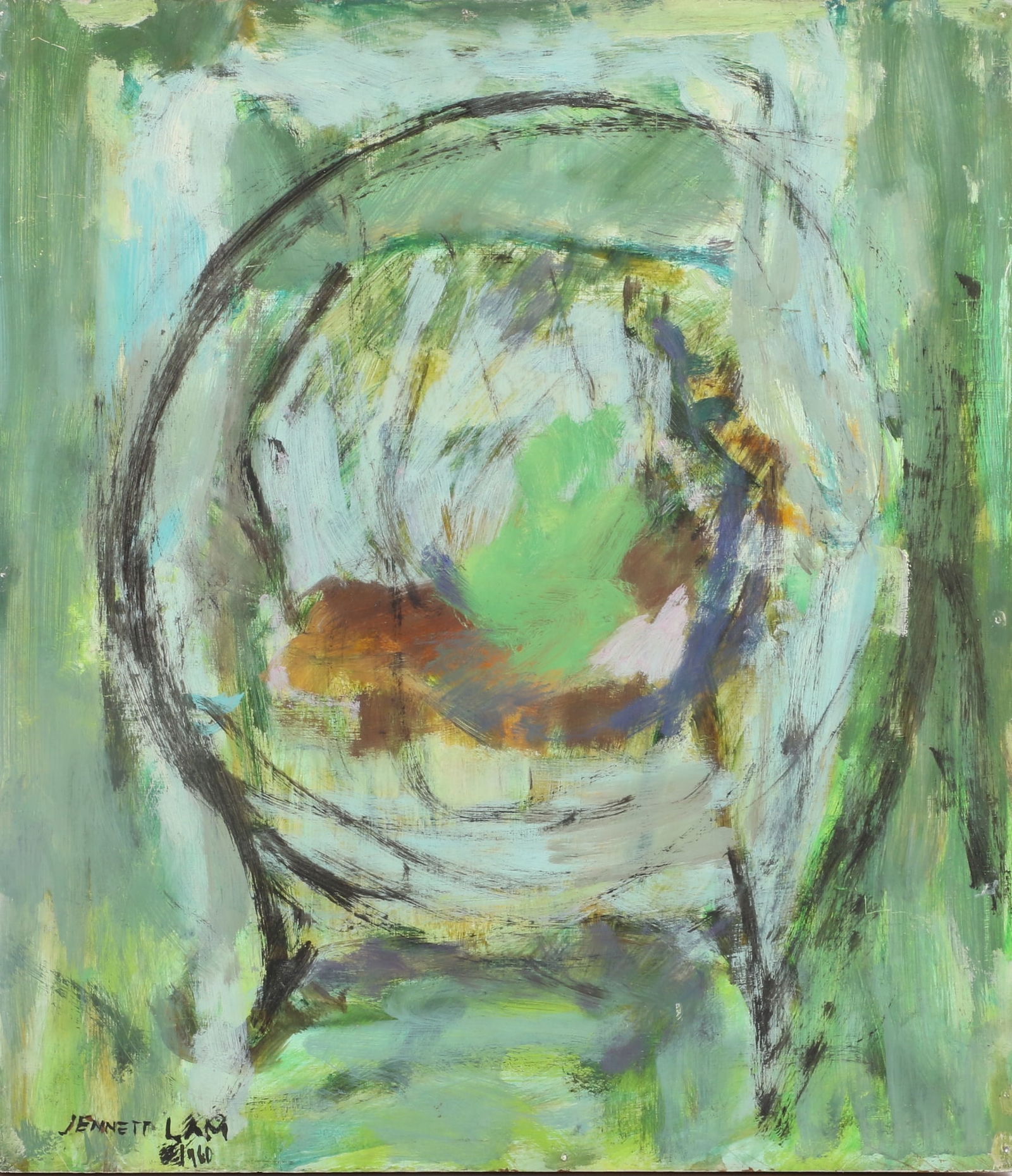 Green Target Chair, 1960: Jennett Lam, Connecticut (1911-1985), Green Target Chair, 1960, oil on masonite panel, 18"H x 16"W