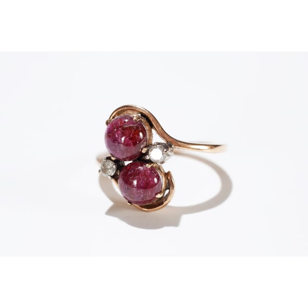 Antique 18K Rose Gold Ring with bypass cabochon Rubies and Diamonds; (1 of 4)