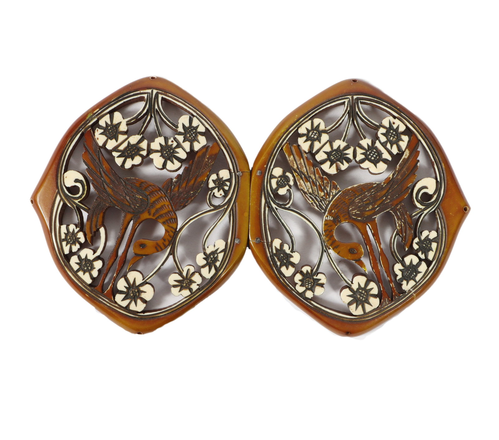 Vintage Art Nouveau celluloid cutout heron bird belt buckles.: Vintage Art Nouveau celluloid cutout heron bird belt buckles. Several cracks in celluloid. 3 1/8"H x 5 1/4"W