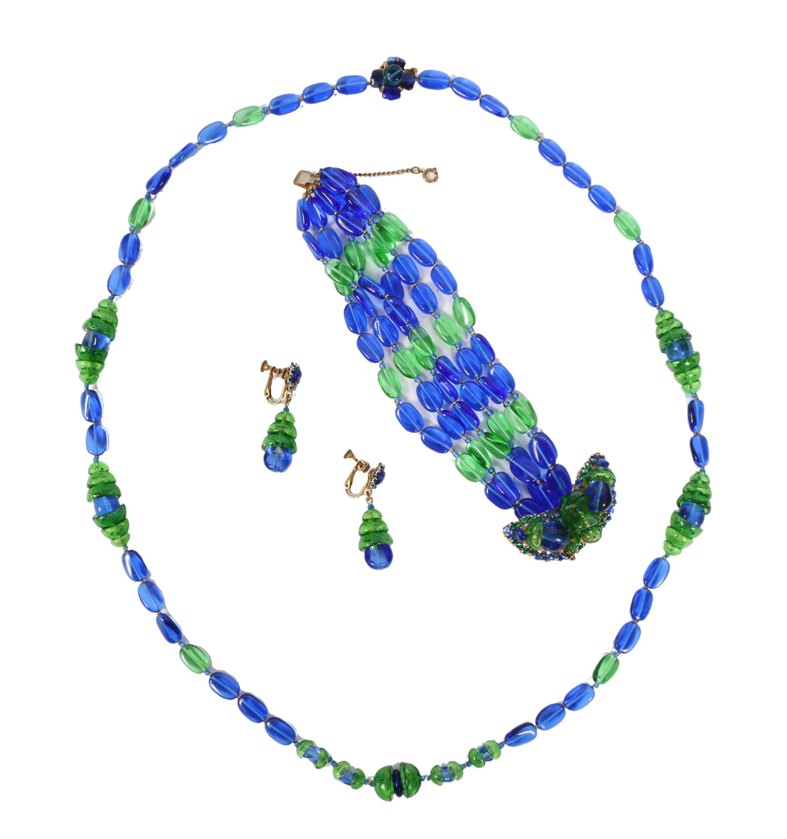 Miriam Haskell single strand necklace with large cobalt blue glass beads enveloped by graduated (1 of 13)