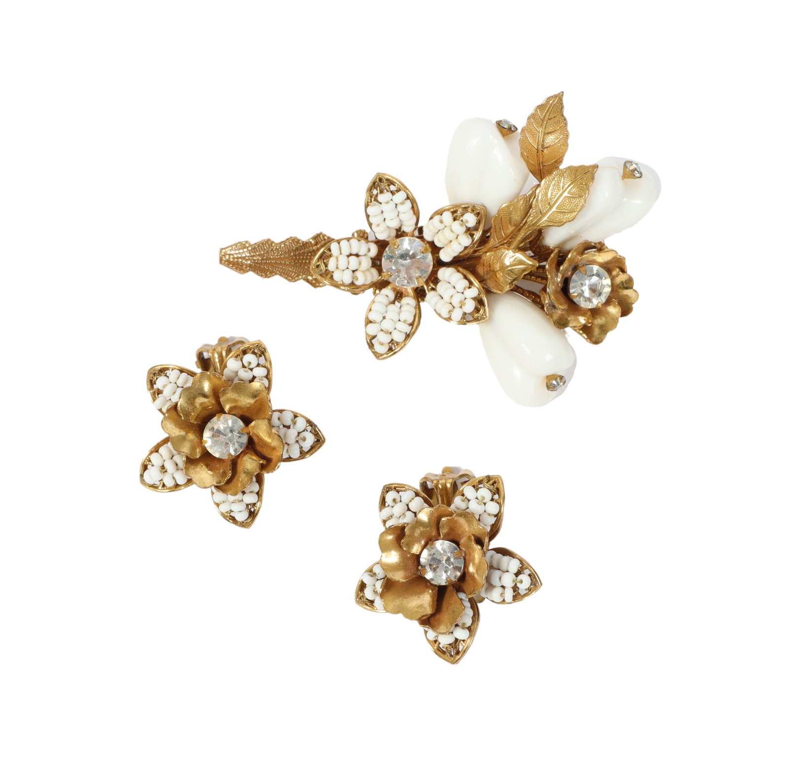 Original by Robert white glass and seed bead gilt flower brooch with matching earrings. (1 of 8)