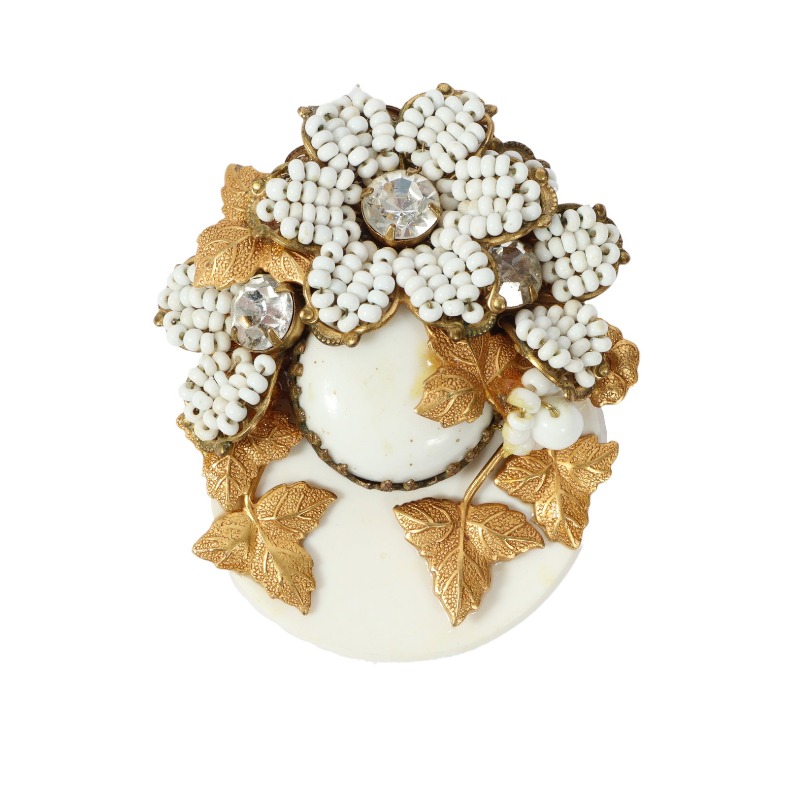 Original by Robert pin brooch with gilt leaves and chalk white seed bead flowers. (1 of 4)