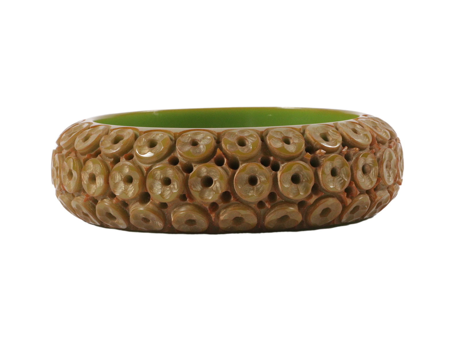 Olive green deeply carved Bakelite bangle bracelet: carved with linear lobed concentric circles. (1 of 4)