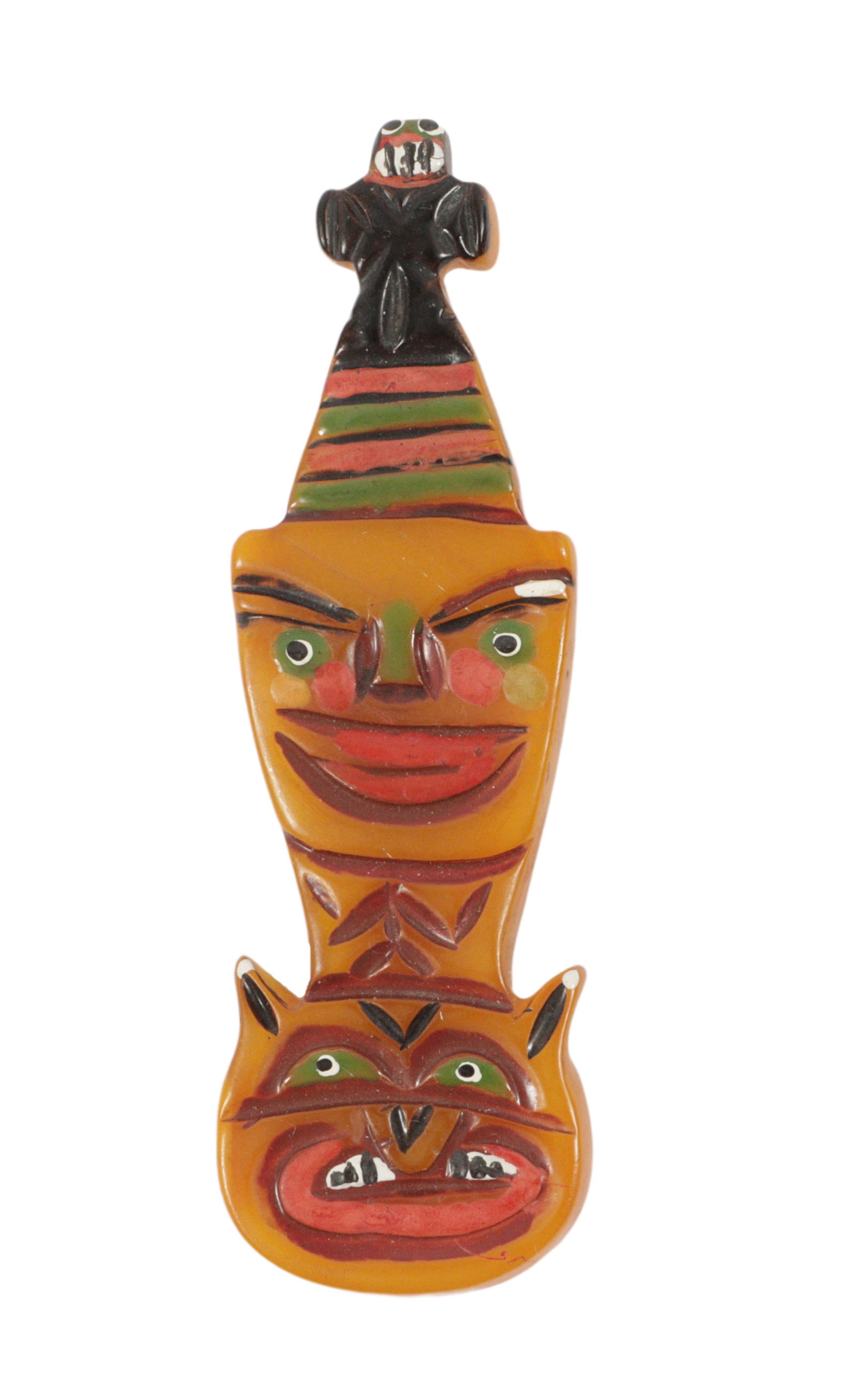 Unique carved and painted Bakelite figural brooch: Unique carved and painted Bakelite figural brooch 4"H x 1 1/2"W