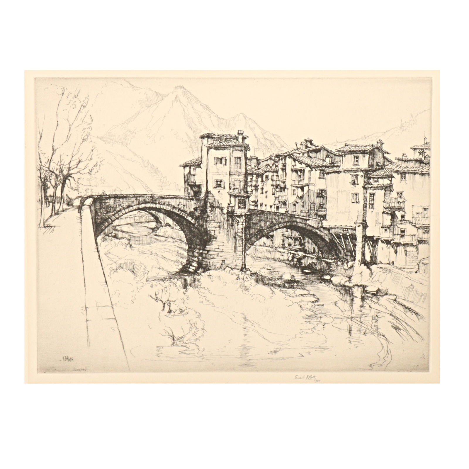 Ernest David Roth, New York / Germany (1879 - 1964), Sospel, France, 1950, etching, 12 7/8"H x 15: Ernest David Roth New York / Germany (1879 - 1964) Sospel, France, 1950 etching Pencil signed and dated lower right. Signed and titled in the plate. Biography from Williams American Art Galleries: Ern