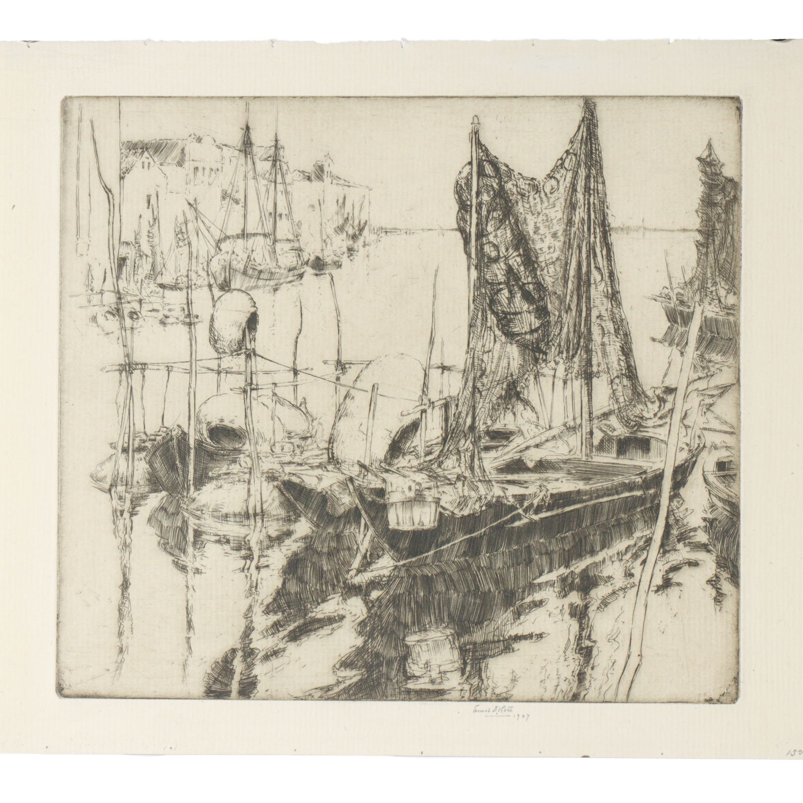 Ernest David Roth, New York / Germany (1879 - 1964), harbor scene, 1907, etching, 9 1/4"H x 10 1/2"W (1 of 8)