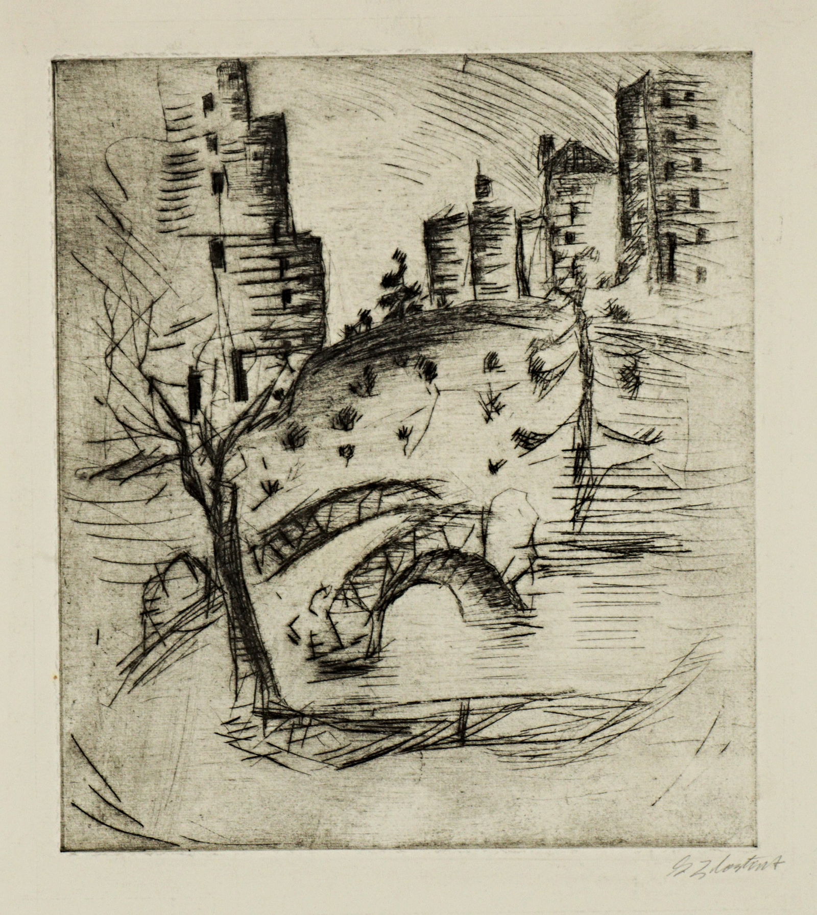 George J. Zachary Constant, New York / Greece (1892-1978), city scene with bridge, ca. 1928, dry (1 of 14)