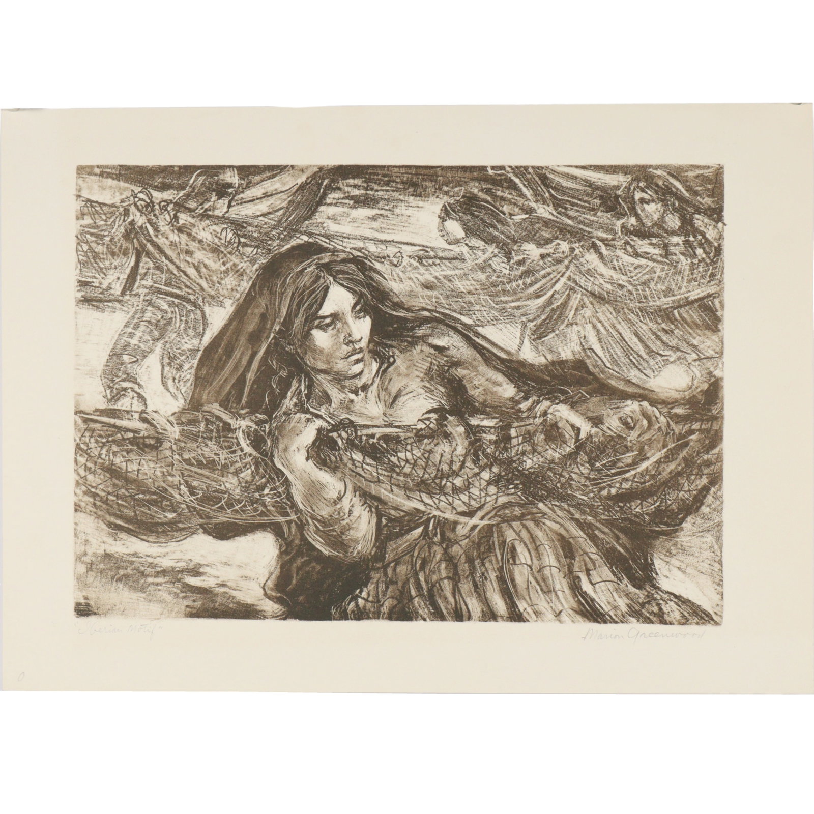 Marion Greenwood, New York / Mexico (1909 - 1970), Iberian Motif, lithograph, 13"H x 18"W (sheet): Marion Greenwood New York / Mexico (1909 - 1970) Iberian Motif lithograph Pencil signed lower right, titled lower left. Biography from Mint Museum of Art: The following is courtesy of Martha Tonissen 