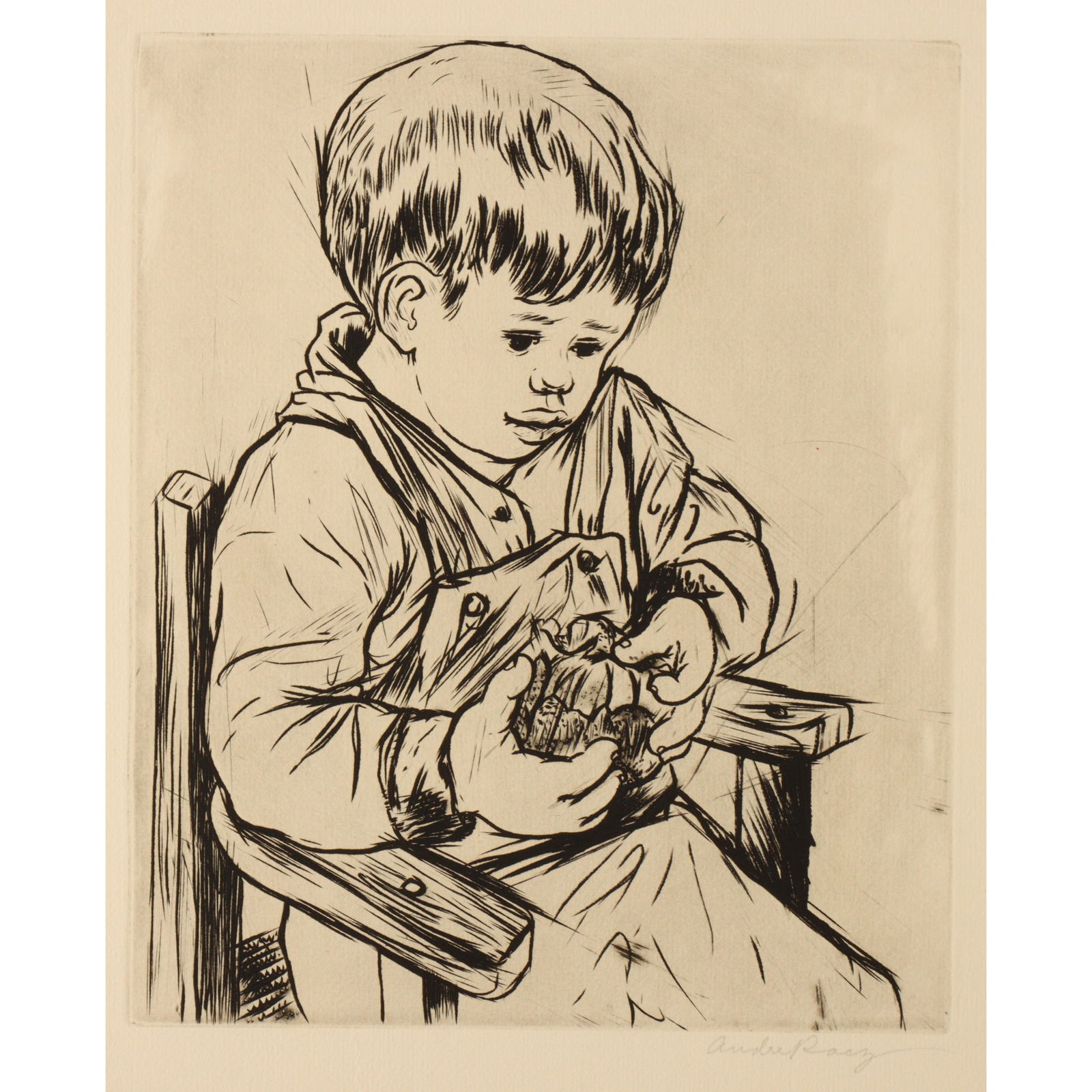 Andre Racz, Romania / New Jersey (1916 - 1994), portrait of boy in rocking chair, etching, 10"H x (1 of 10)