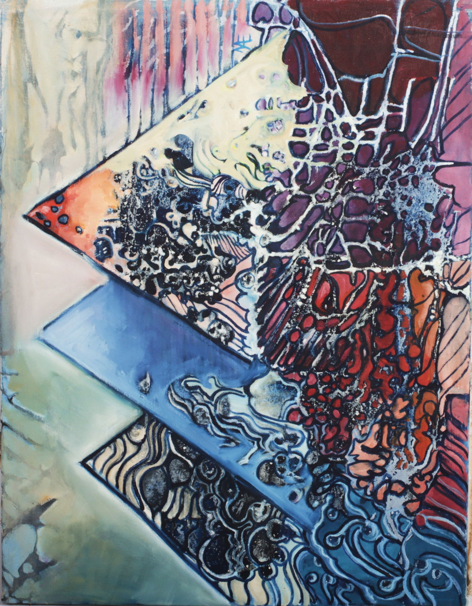 Mae Alice Engron, Indiana (1933-2007), abstract with pyrimads, oil on canvas, 30 1/2" x 23 1/2" (1 of 9)