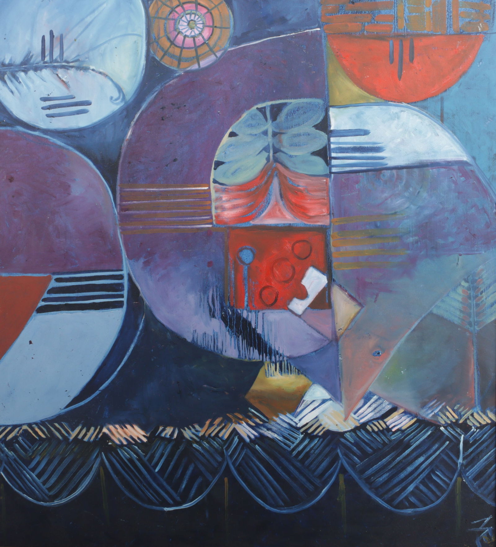 Mae Alice Engron, Indiana (1933-2007), abstract, oil on canvas, 50"H x 55 1/4"W (sight), 52 1/2"H x (1 of 8)