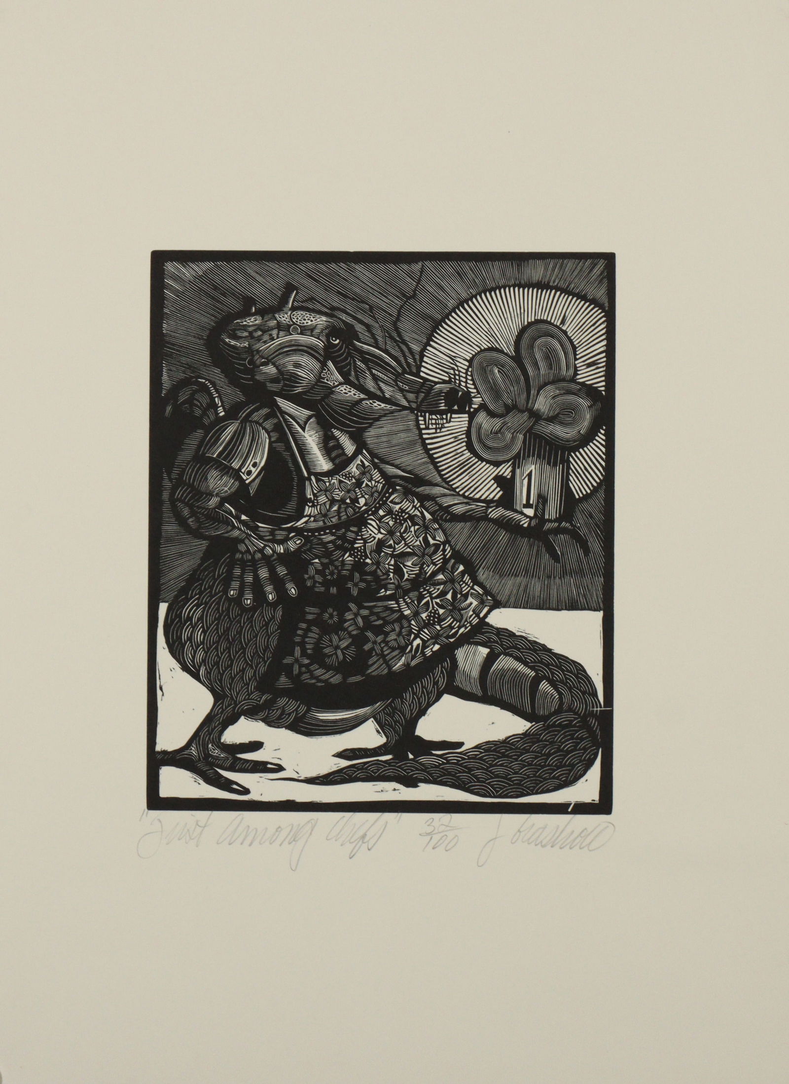 James Grashow, New York (b. 1942), Just Among Chefs, woodcut, 11"H x 8 1/2"W (sheet): James Grashow New York (b. 1942) Just Among Chefs woodcut Pencil signed lower right, numbered 32/100 lower center, titled lower left. Biography from JamesGrashow.com: James Grashow was born in Brookly