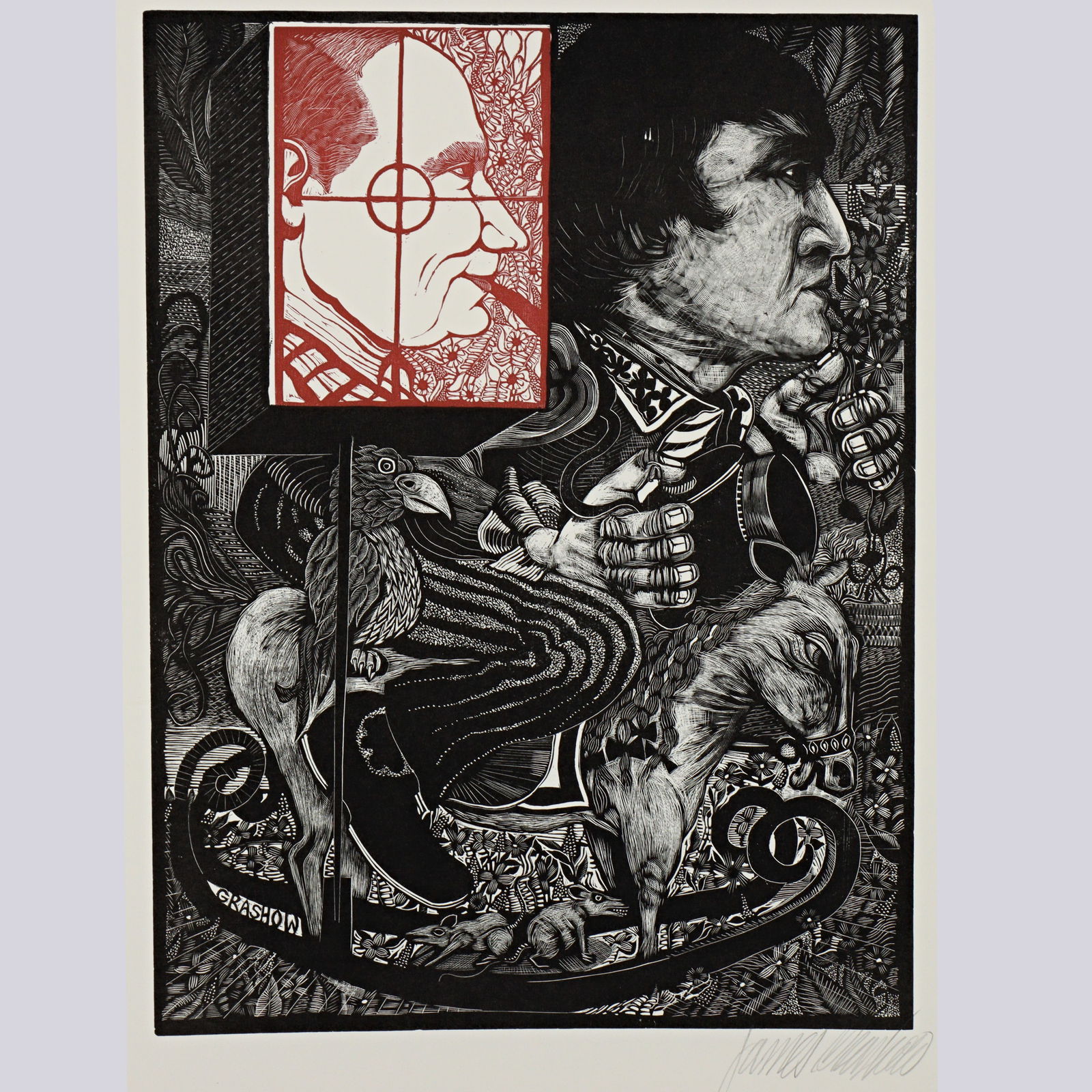 James Grashow, New York (b. 1942), man (John Lennon?) on rocking horse with Richard Nixon in cross: James Grashow New York (b. 1942) man (John Lennon?) on rocking horse with Richard Nixon in cross hairs woodcut Pencil signed lower right and in the plate. Biography from JamesGrashow.com: James Grasho
