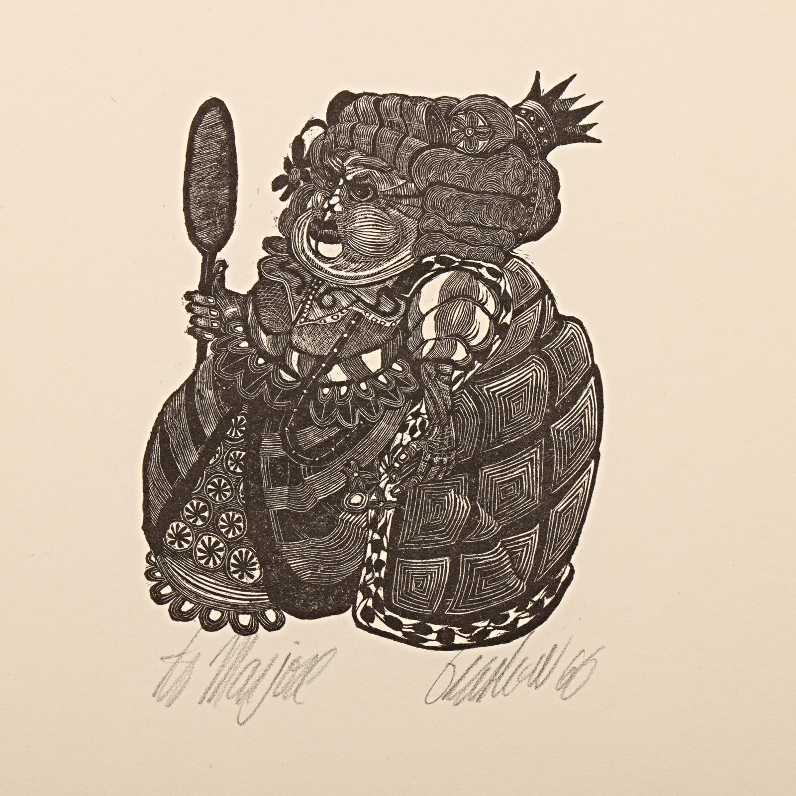 James Grashow, New York (b. 1942), queen with mirror from the Kings Court series, 1965, woodcut, 12: James Grashow New York (b. 1942) queen with mirror from the Kings Court series, 1965 woodcut Pencil signed lower right, inscribed lower left. Biography from JamesGrashow.com: James Grashow was born in