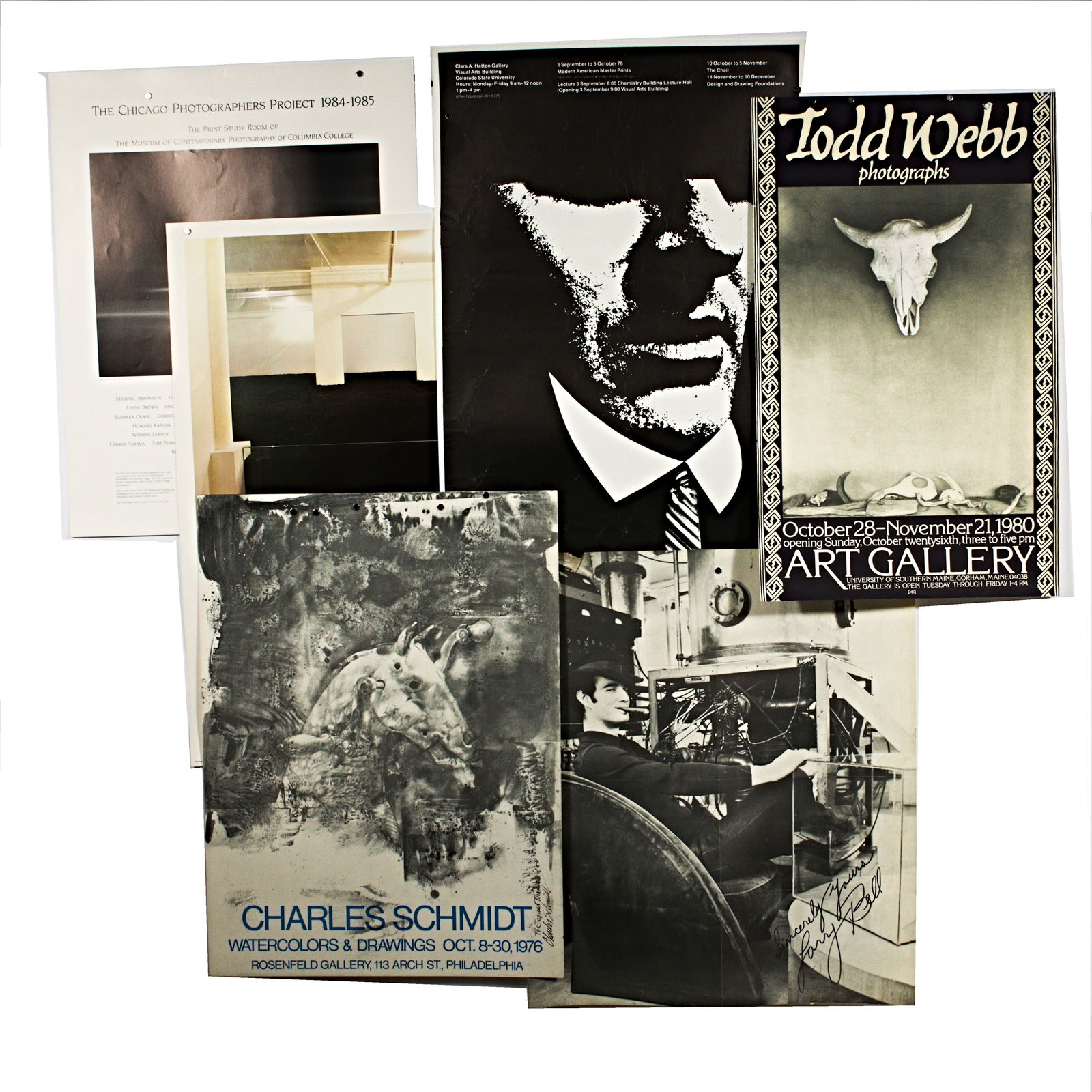 Lot of 6 exhibition and artist posters including 1 Larry Bell signed poster and 1 Charles Schmidt: Lot of 6 exhibition and artist posters including 1 Larry Bell signed poster and 1 Charles Schmidt signed poster. "Charles Schmidt: Watercolors & Drawings" at the Rosenfeld Gallery in Philadelphia, PA.