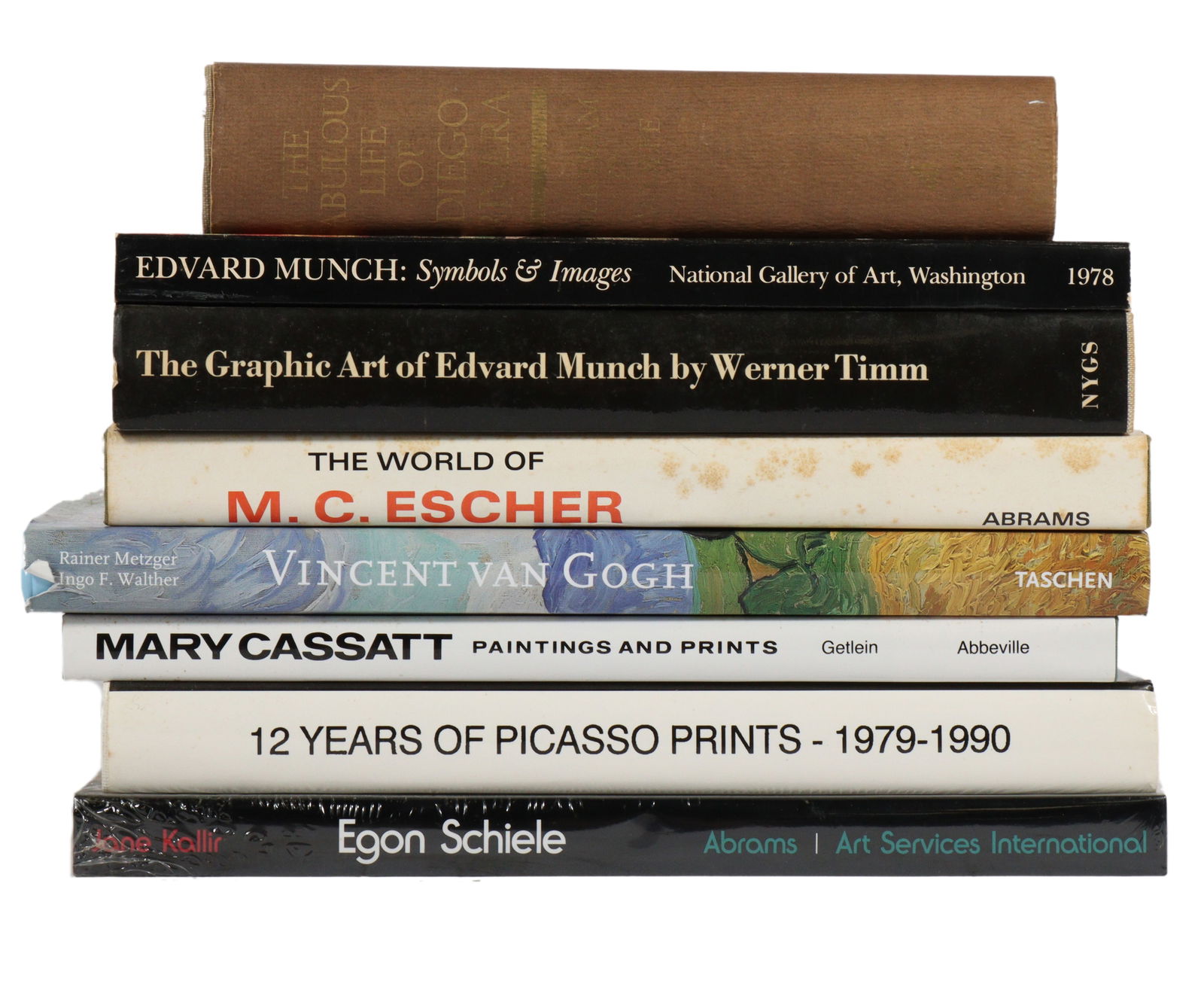 Schiele, Munch, Rivera, Escher, Van Gogh, Cassat, Picasso: eight artist monograph books, 12 1/4"H x: Schiele, Munch, Rivera, Escher, Van Gogh, Cassat, Picasso: eight artist monograph books Egon Schiele by Jane Kallir, Harry N. Abrams Inc., 1994 Edvard Munch: Symbols and Images exhibition catalog by t