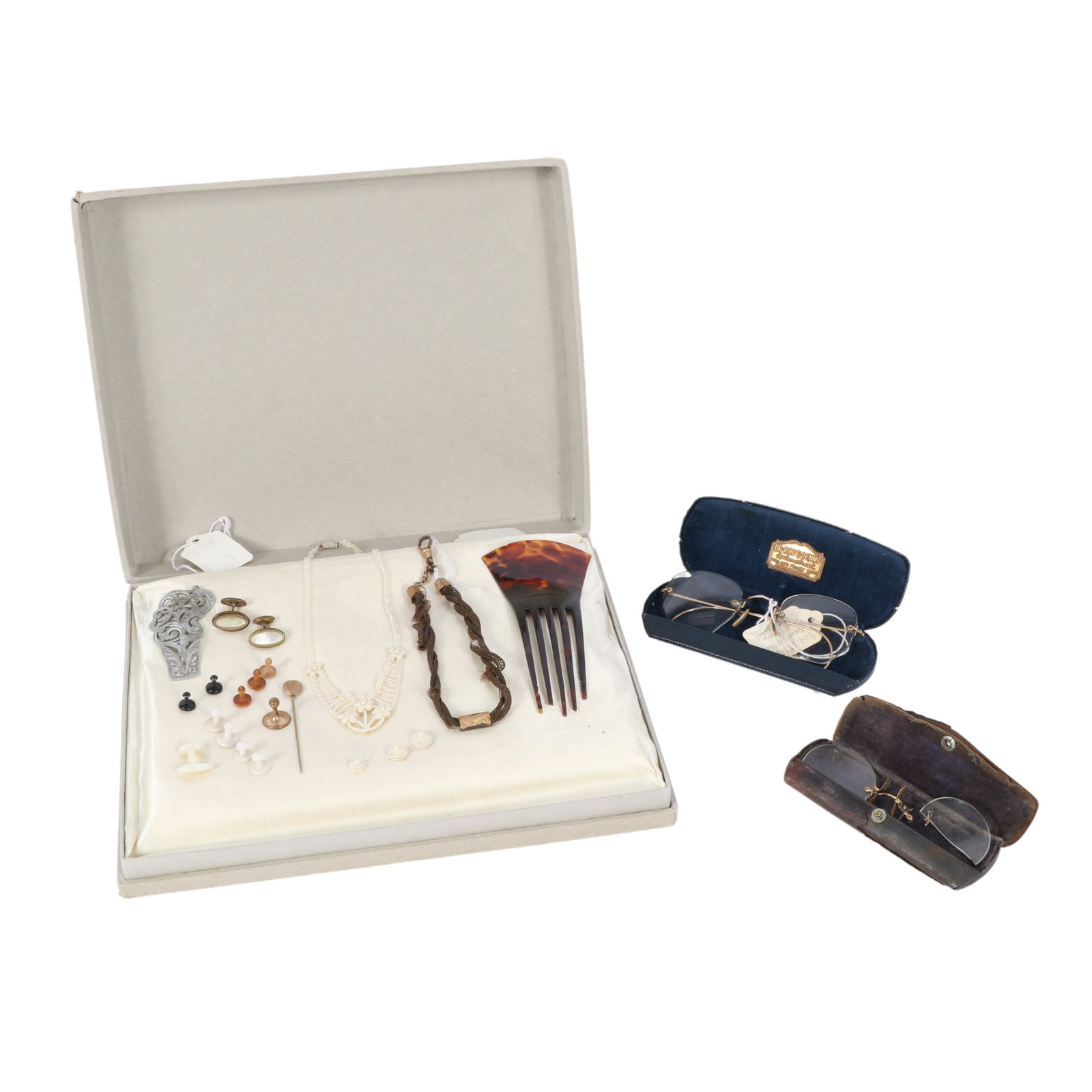 Miscellaneous Victorian accessories group; some damaged. Including Shuron 1/20 12K gold filled: Miscellaneous Victorian accessories group; some damaged. Including Shuron 1/20 12K gold filled bifocals in case, pince-nez glasses in case, hair jewelry watch fob, tortoise shell comb, seed pearl neck