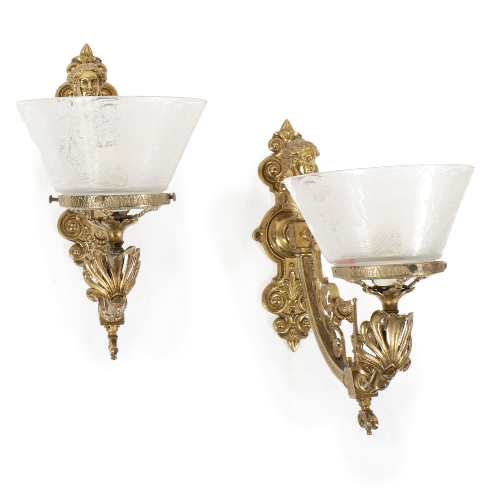 Pair Victorian gilt bronze figural wall sconce lamp light fixtures with bust of a lady atop ornate (1 of 11)