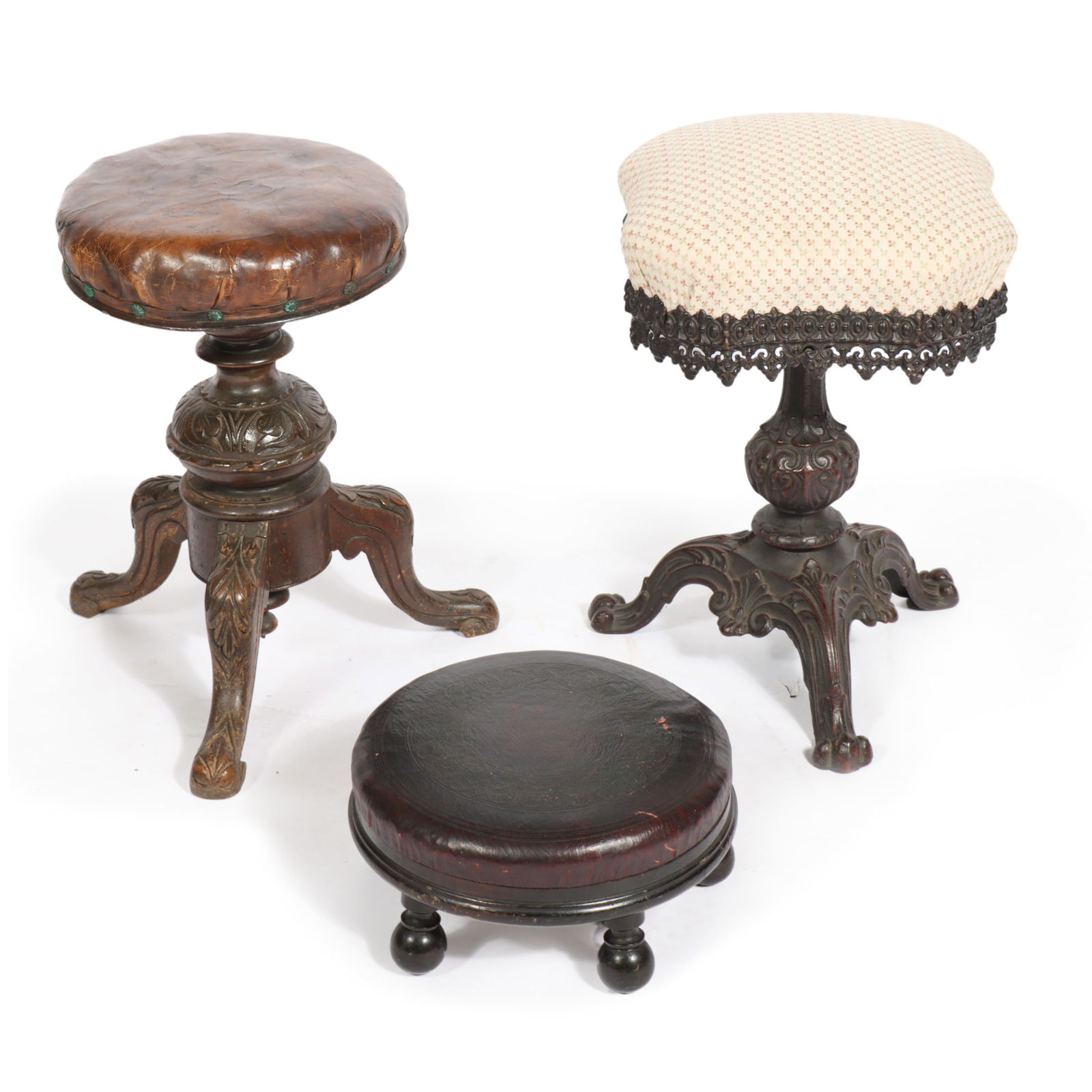 Trio of Antique Victorian Stools; two piano stools with cast iron and wood base along with (1 of 10)