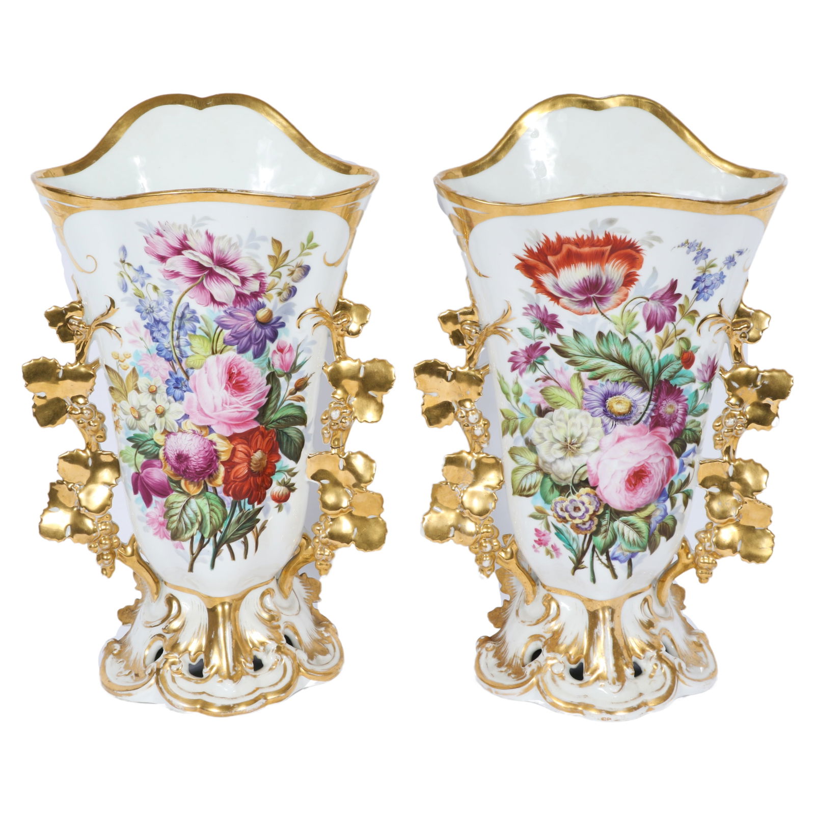 PAIR Old Paris giant Victorian porcelain spill vases with gilt leaf vine sculpted handles and hand (1 of 20)