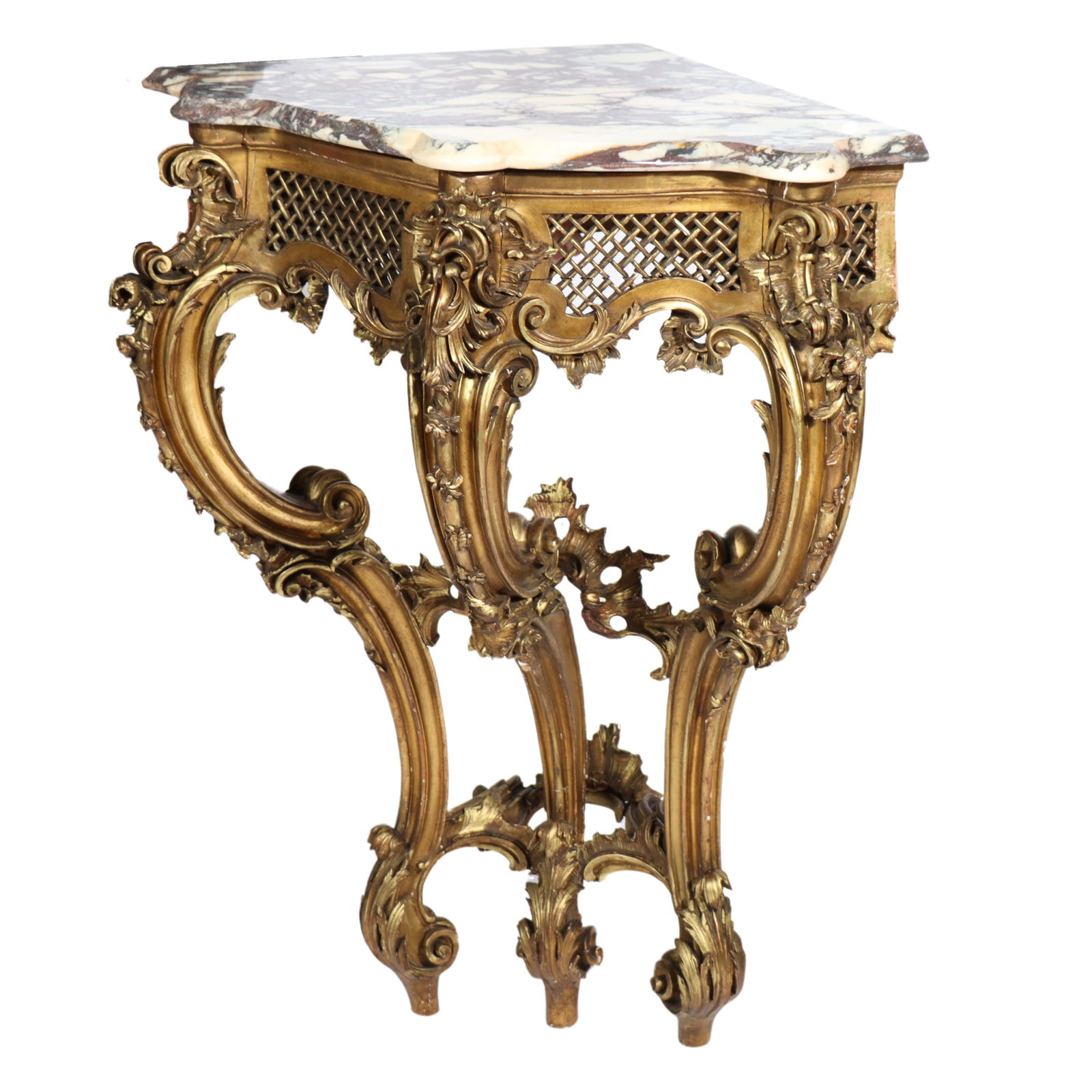 Italian Rococo Revival gilt wood profusely carved tripod corner table with shaped marble top and (1 of 10)
